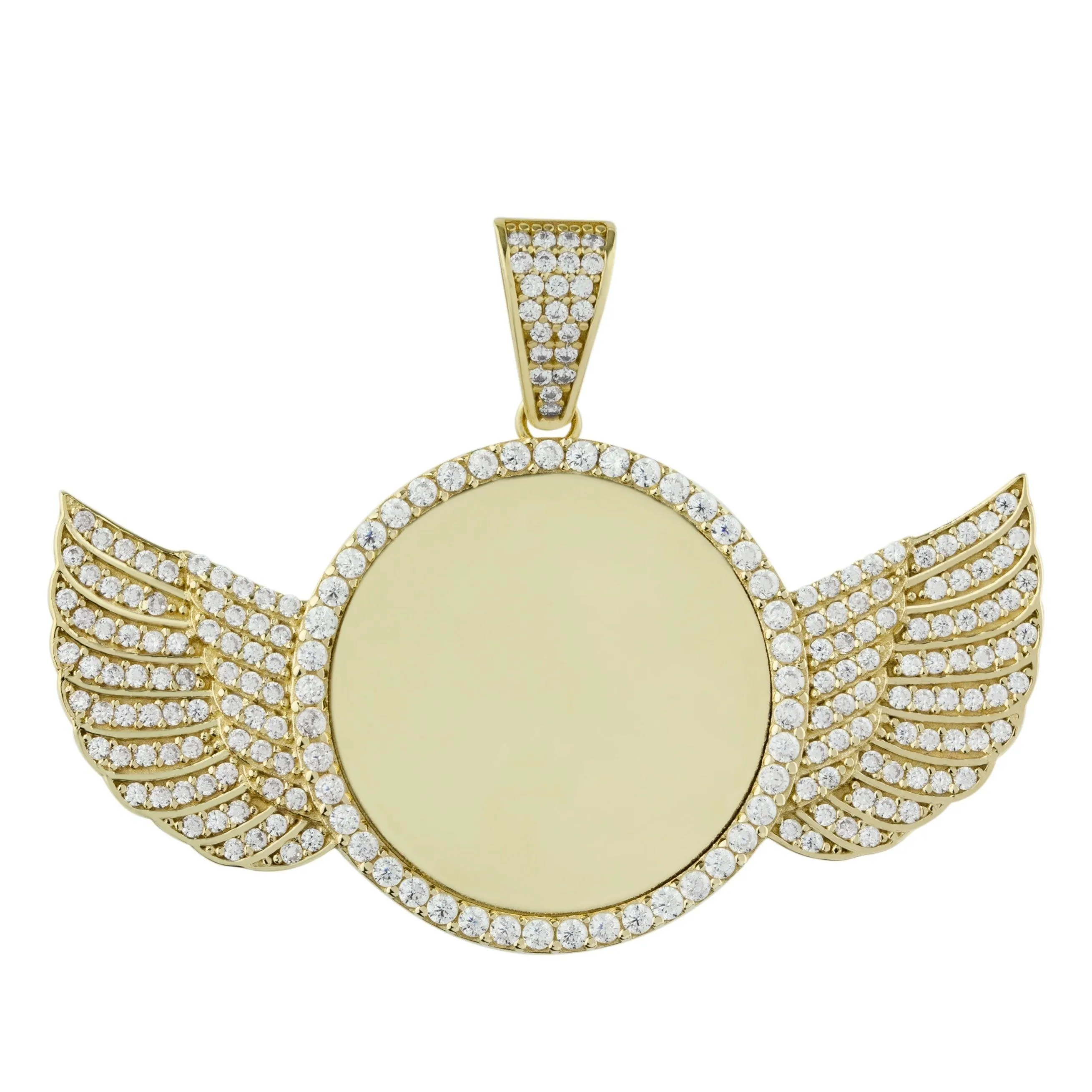 1 3/8" Angel Wings Picture Frame Memory CZ Pendant SOLID 10K Yellow Gold