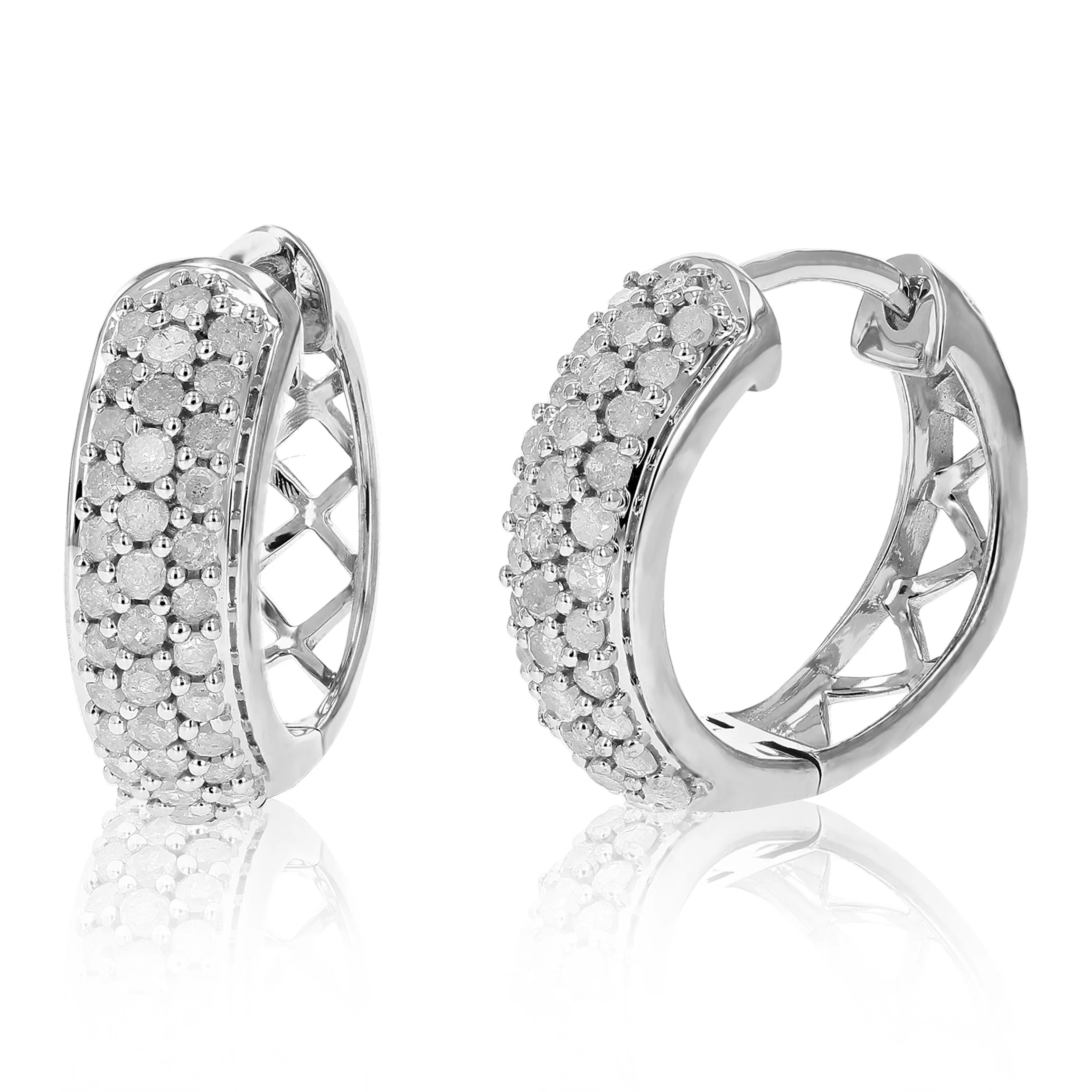 1 cttw Triple Row Diamond Hoop Earrings in Sterling Silver