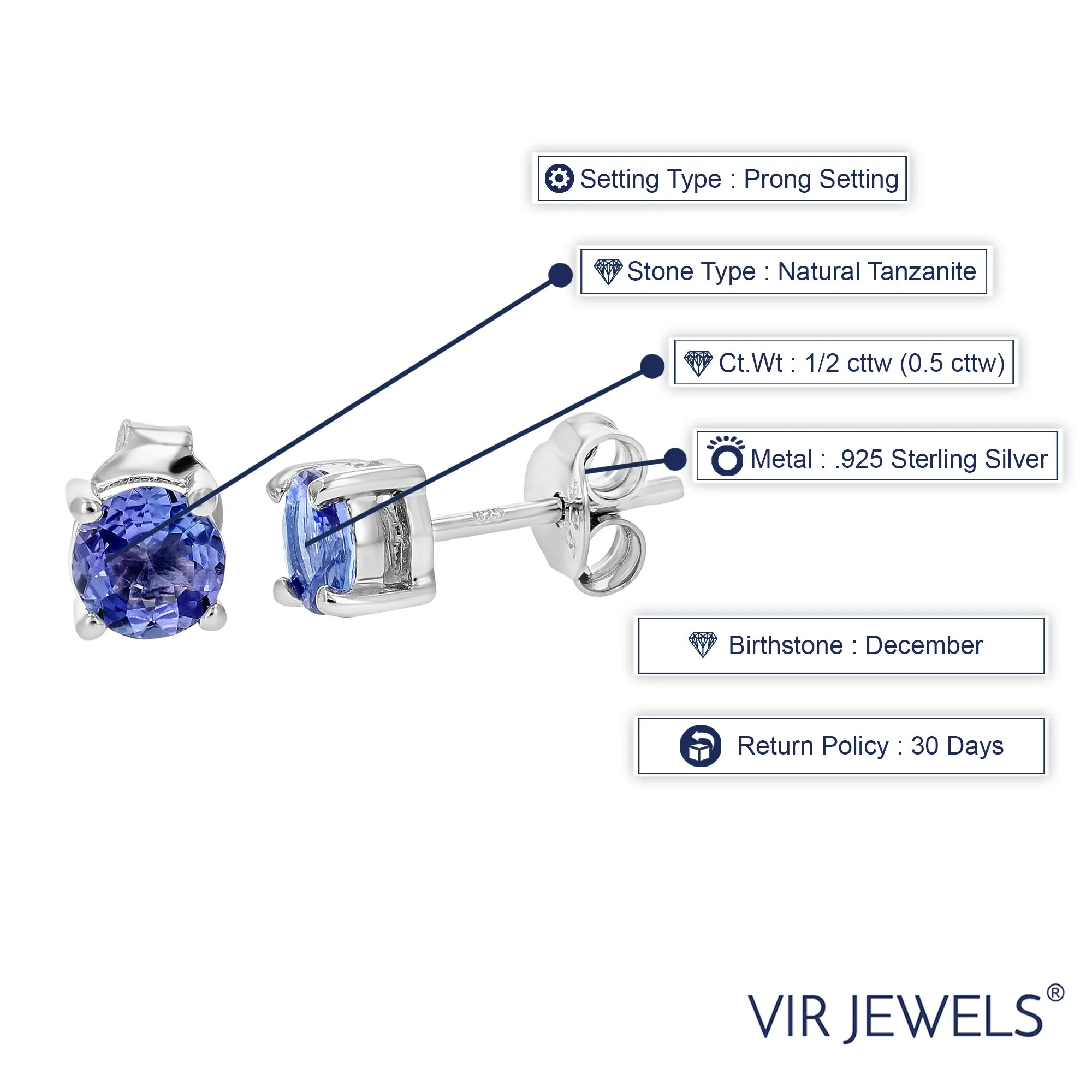 1/2 cttw Round Tanzanite Stud Earrings in .925 Sterling Silver with Rhodium