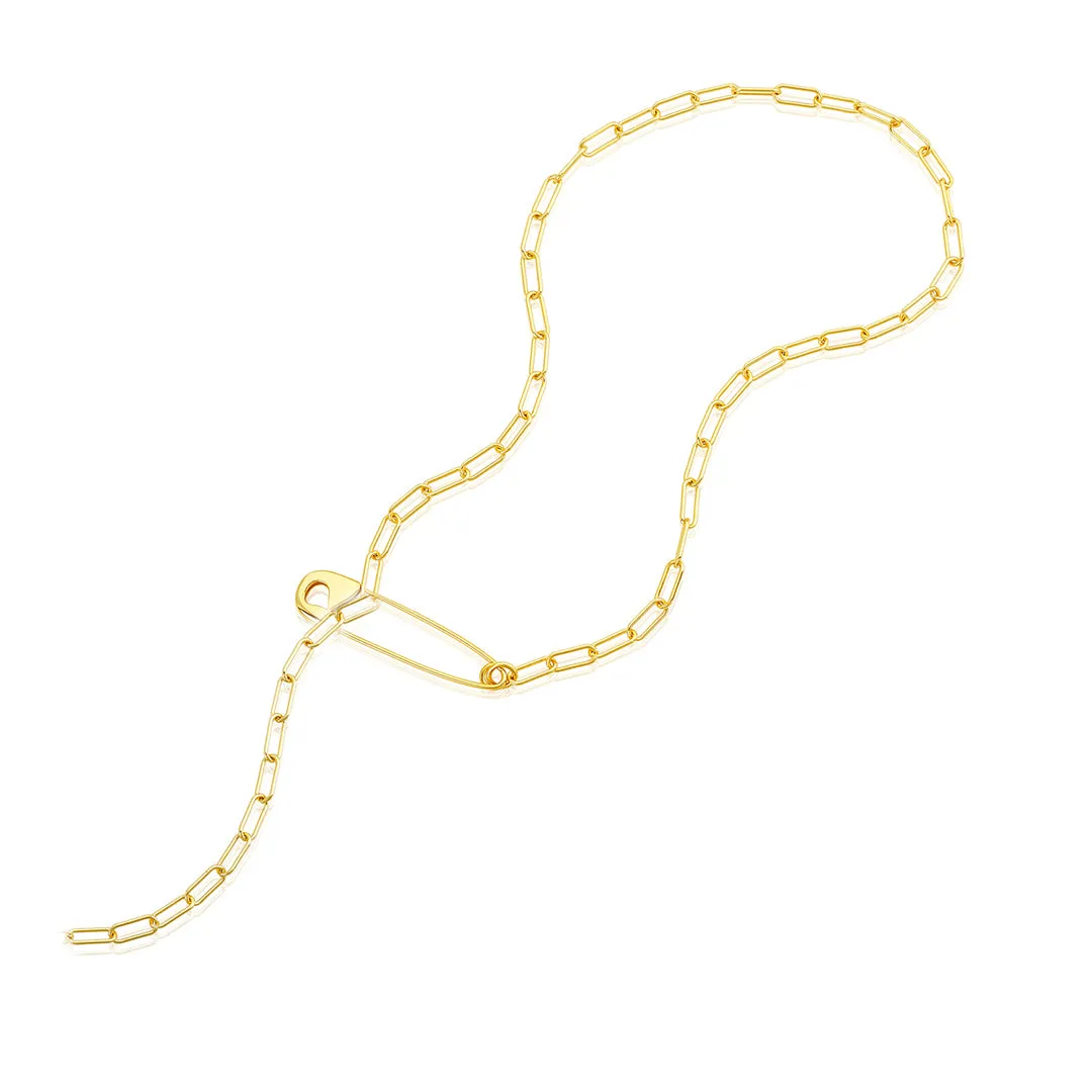 14k Gold Plated Safety Pin Paper Clip Chain Lariat Necklace