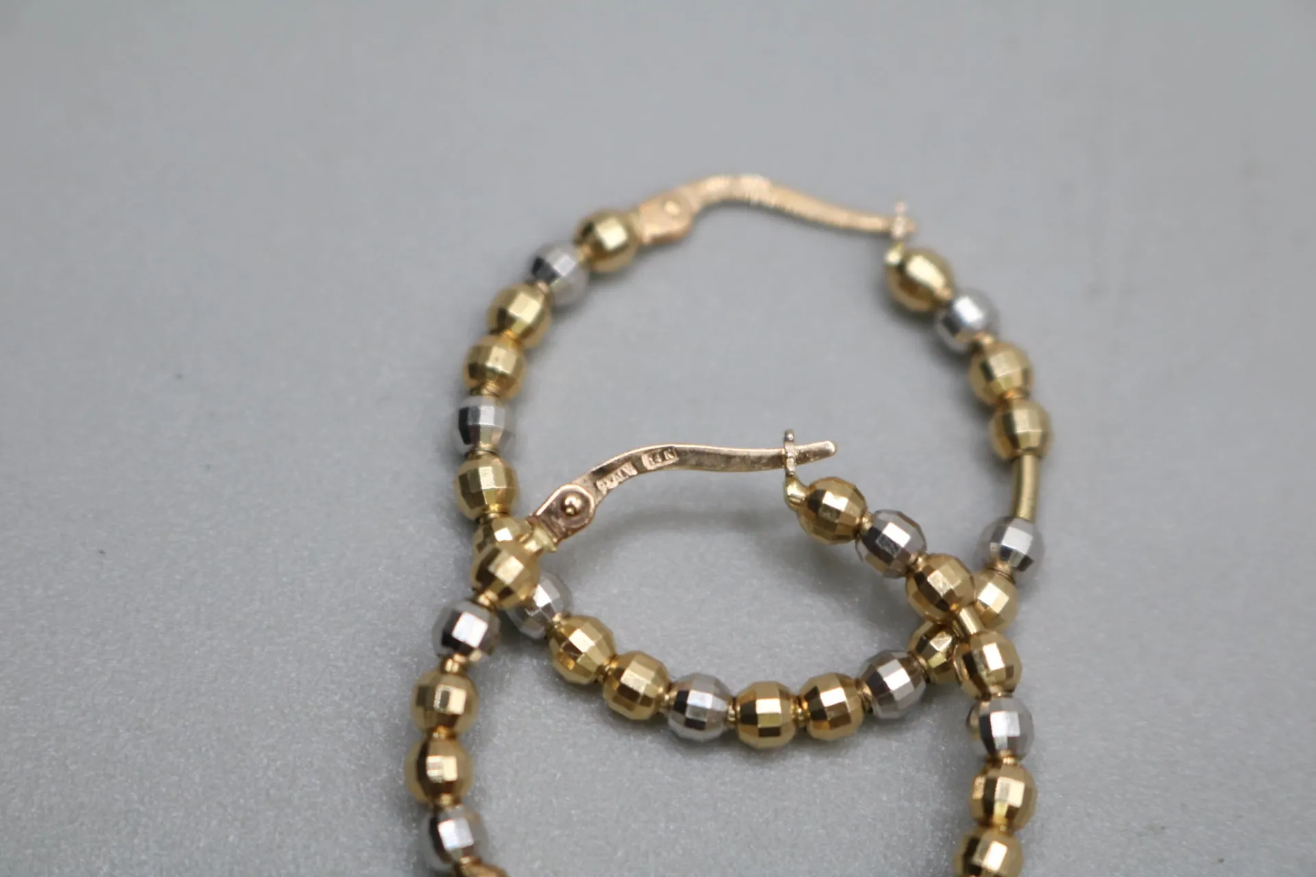 14K Two Tone Gold Beads Ball Hoop Earrings (4.6 Grams)