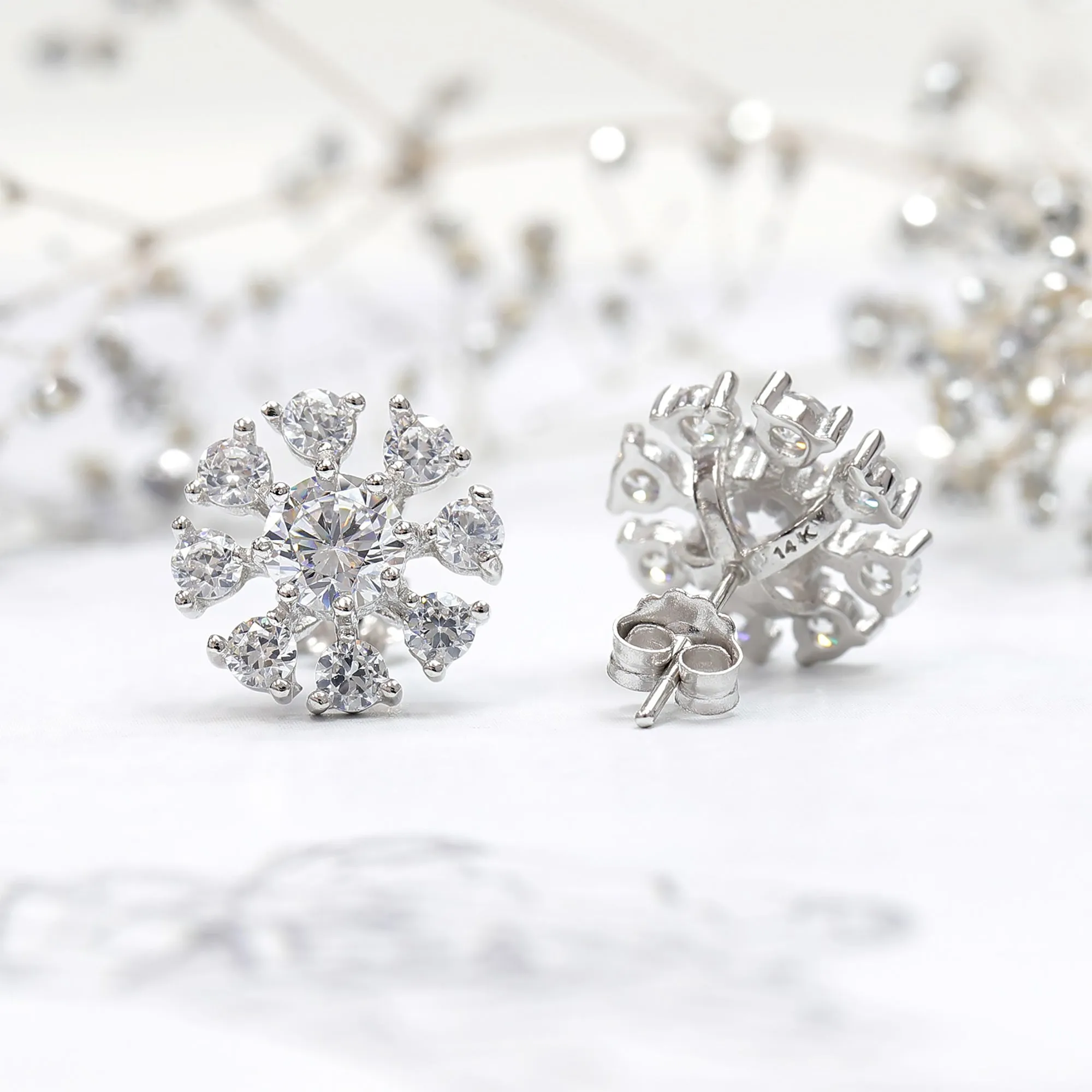 14K White Gold Snowflake Stud Earrings