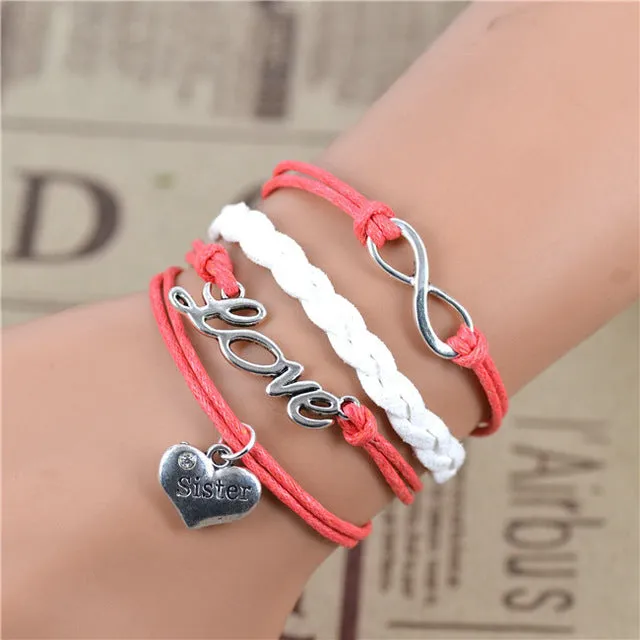 2017 New Fashion Infinity Love Birds Sister Charm Bracelet With Handwoven leather Bracelets for Women Man Valentine's Day Gift