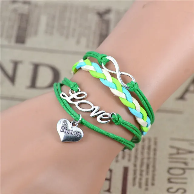 2017 New Fashion Infinity Love Birds Sister Charm Bracelet With Handwoven leather Bracelets for Women Man Valentine's Day Gift