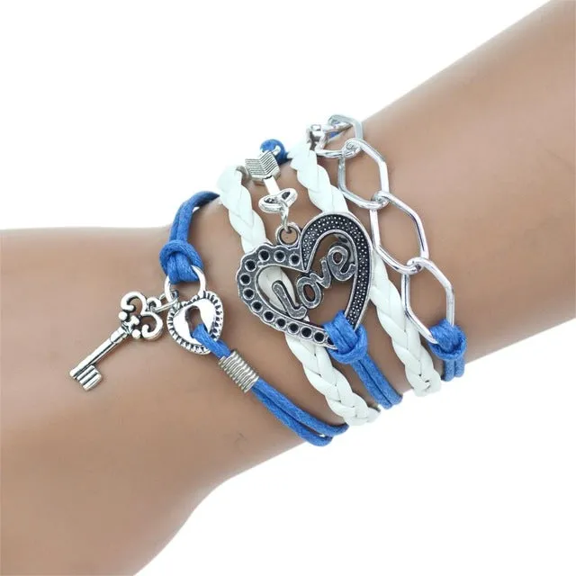 2017 New Fashion Infinity Love Birds Sister Charm Bracelet With Handwoven leather Bracelets for Women Man Valentine's Day Gift