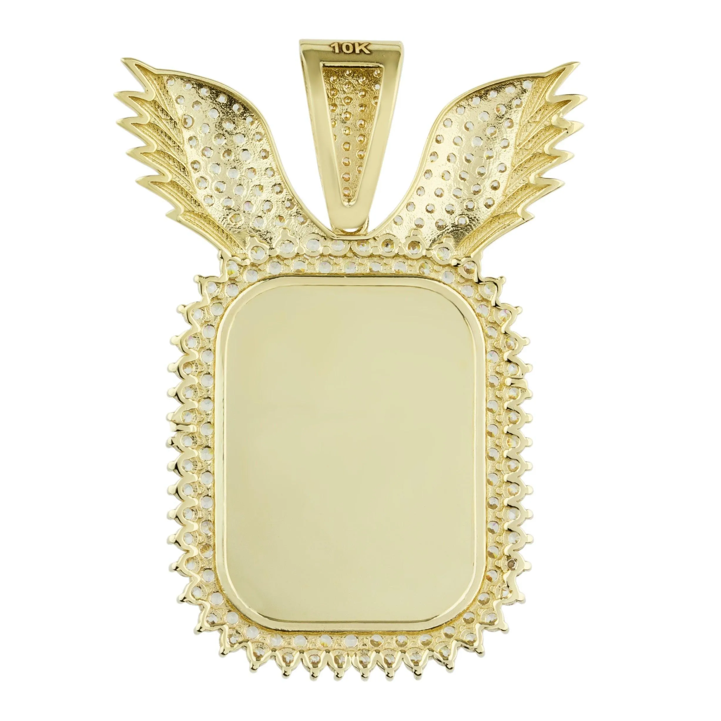 2" Angel Wing Medallion Picture Memory Square CZ Pendant 10K Yellow Gold