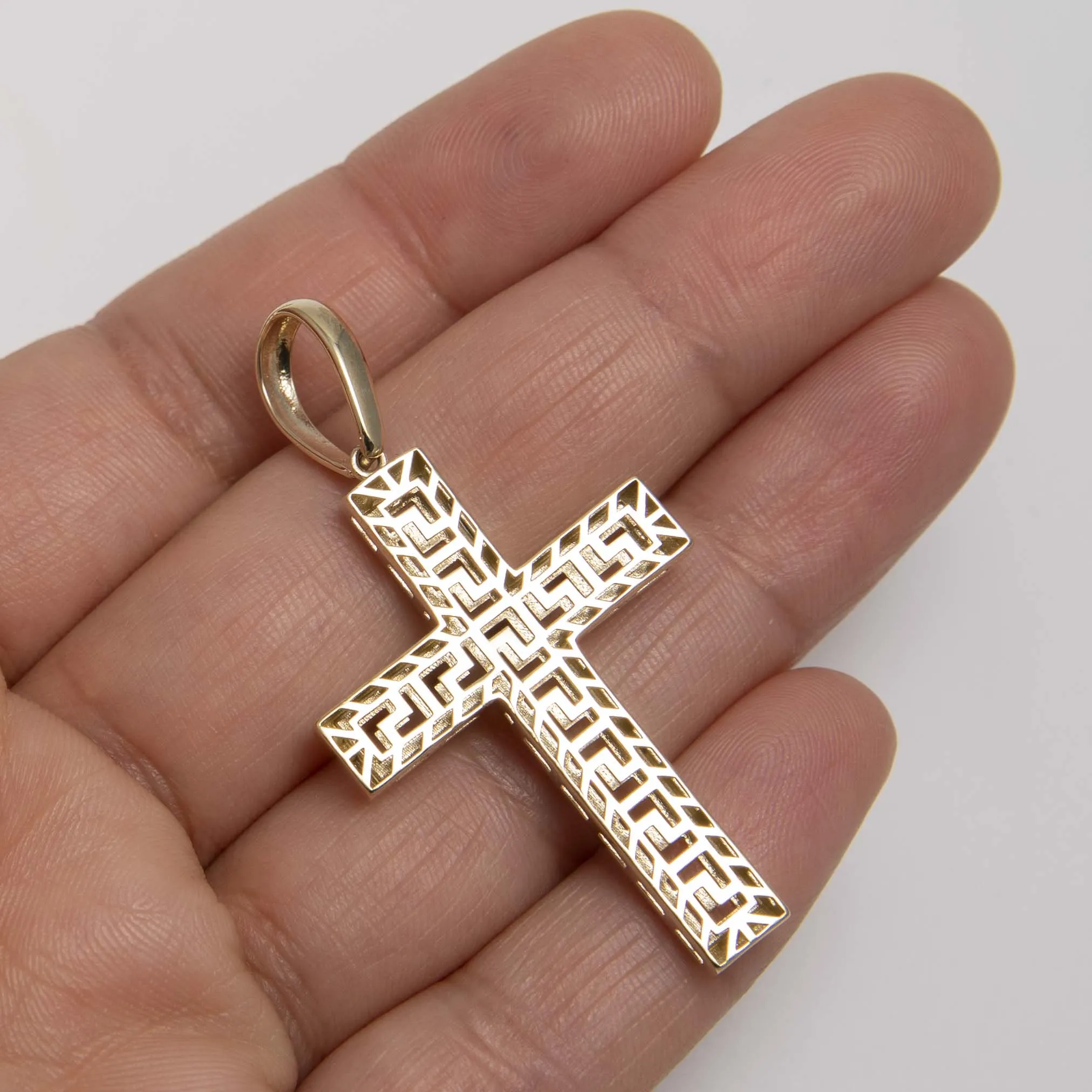 2" Greek Key Design Cross Pendant 10K Yellow Gold