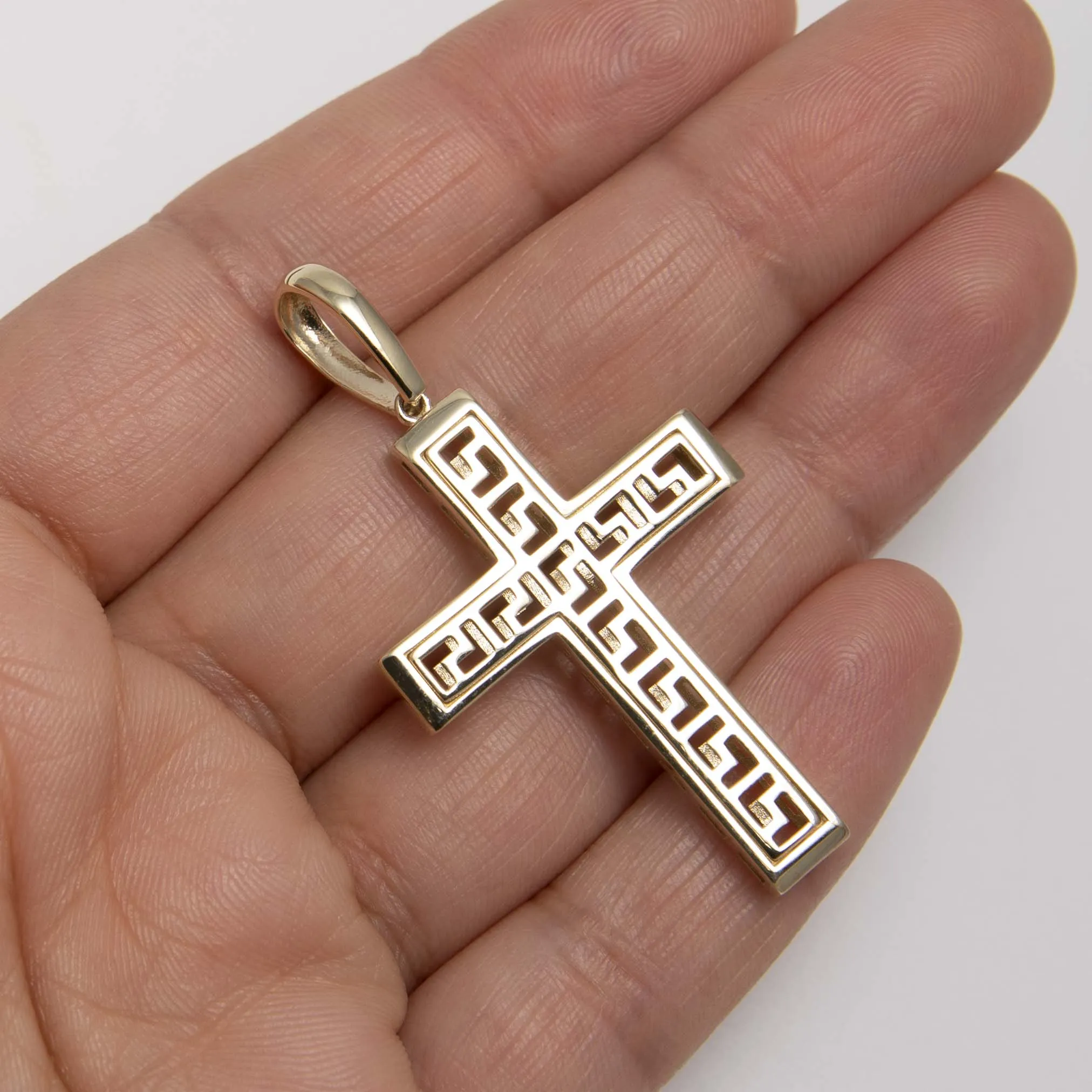 2" Greek Key Design Cross Pendant 10K Yellow Gold