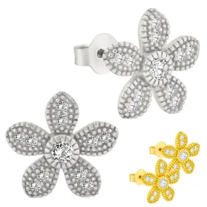 925 Sterling Silver Flower Design with Cubic Zirconia Earrings Stud Push Backing