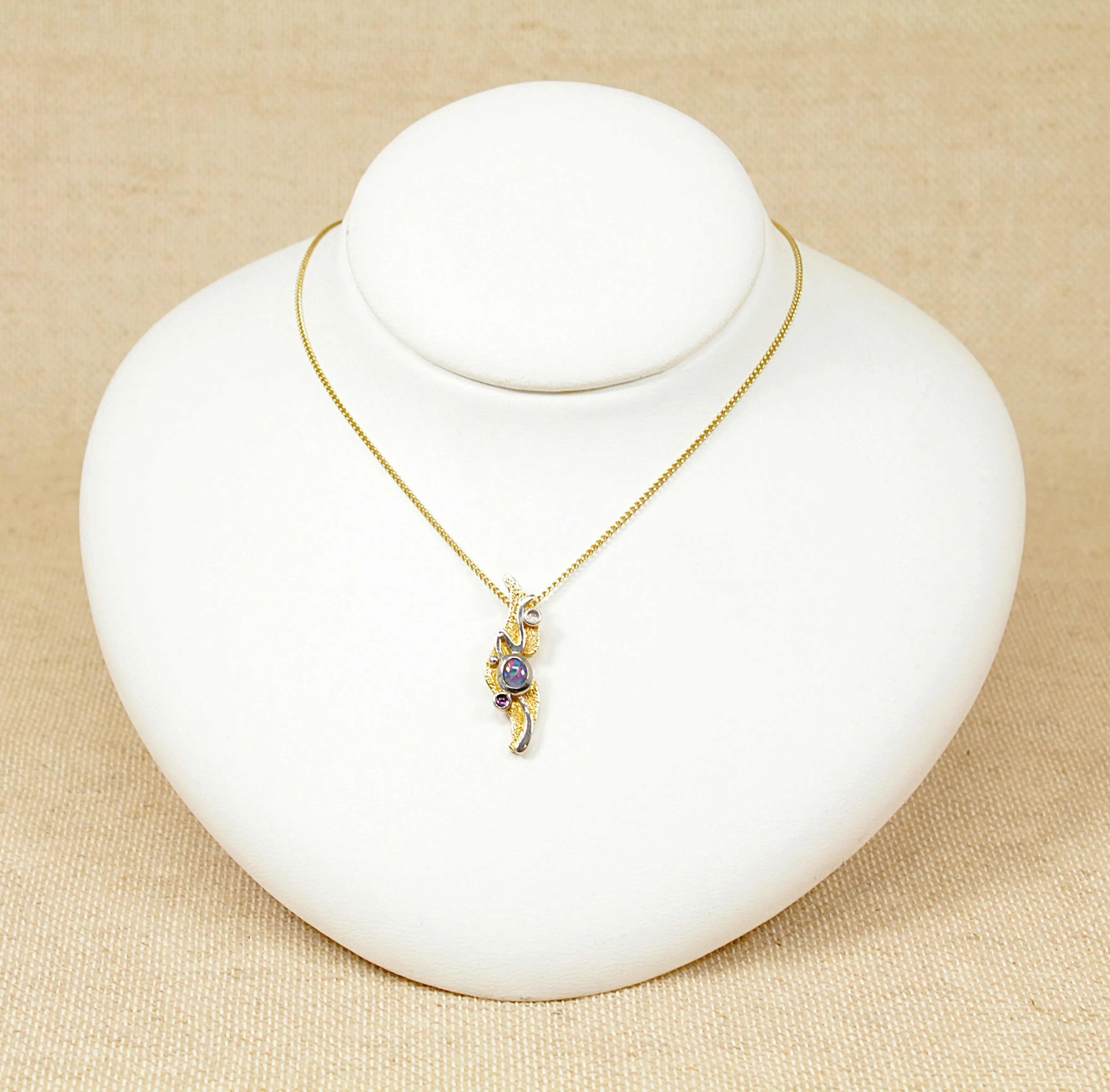 9ct Gold Black Opal Pendant with Moonstone and Amethyst