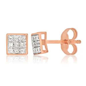 9ct Rose Gold Stud Earrings With 18 Brilliant Cut Diamonds