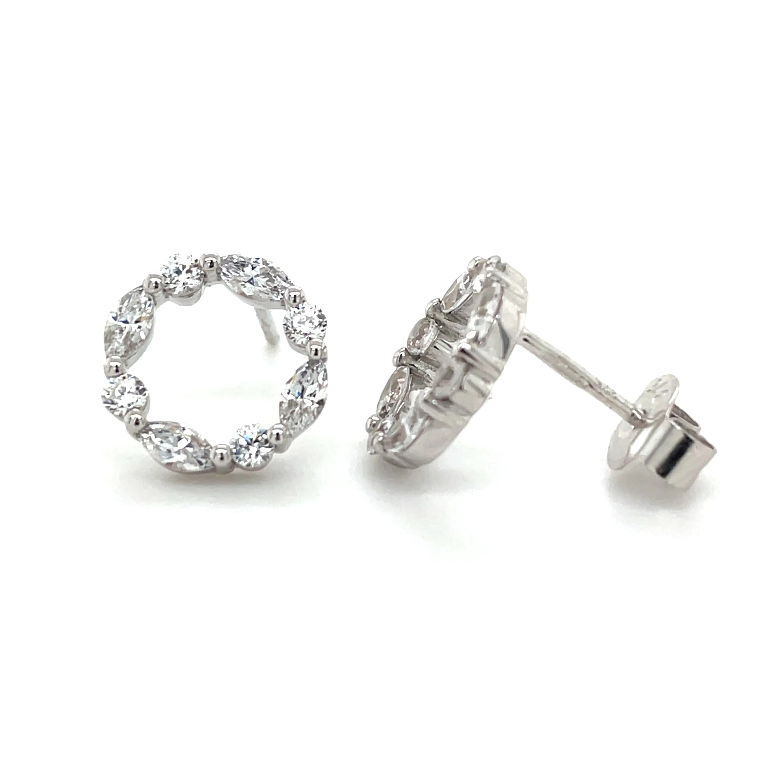 9ct White Gold Round And Marquise Cz Open Circle Stud Earrings