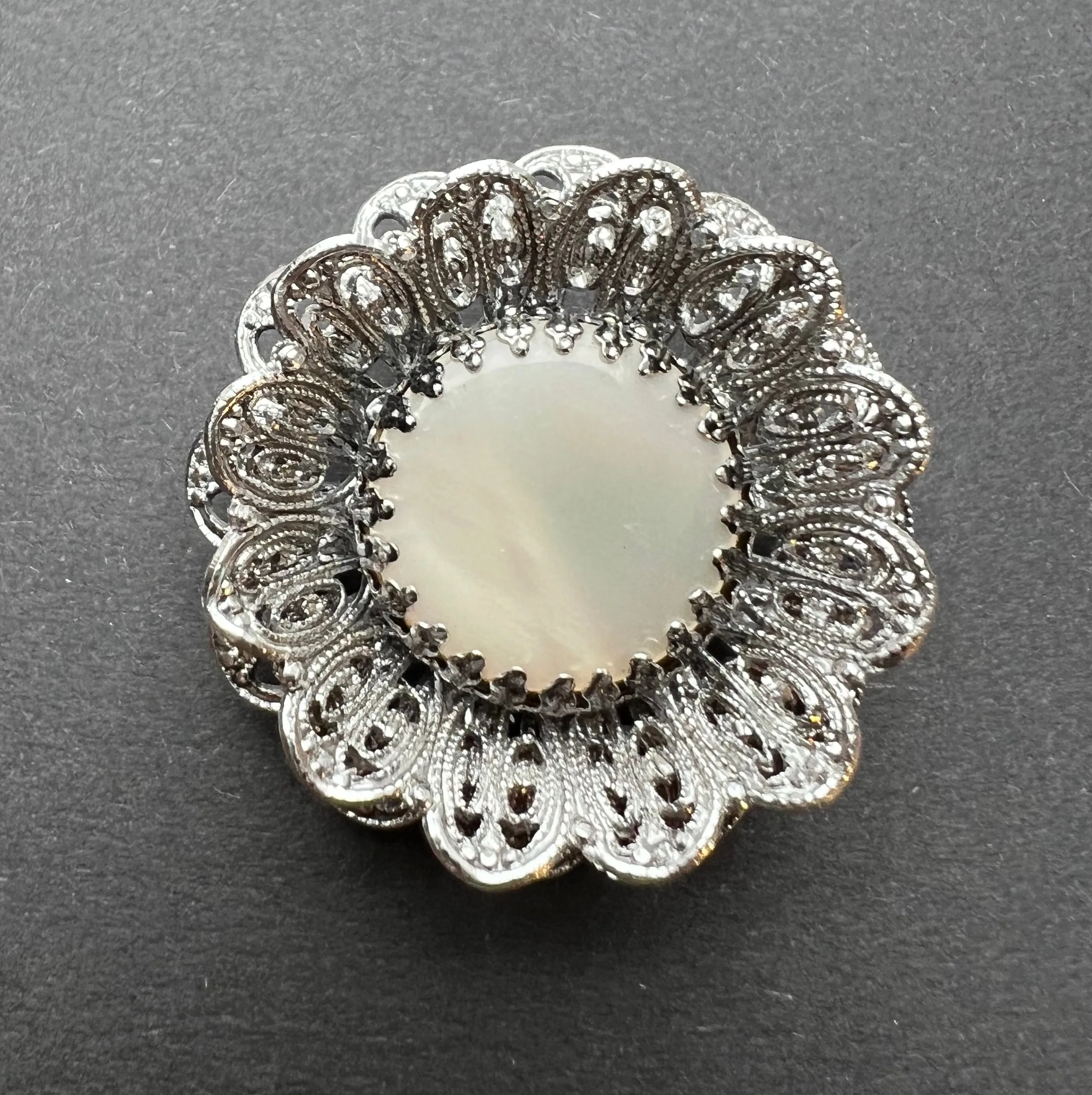 Alluring Vintage 1940s Filigree and Mother of Pearl Brooch.