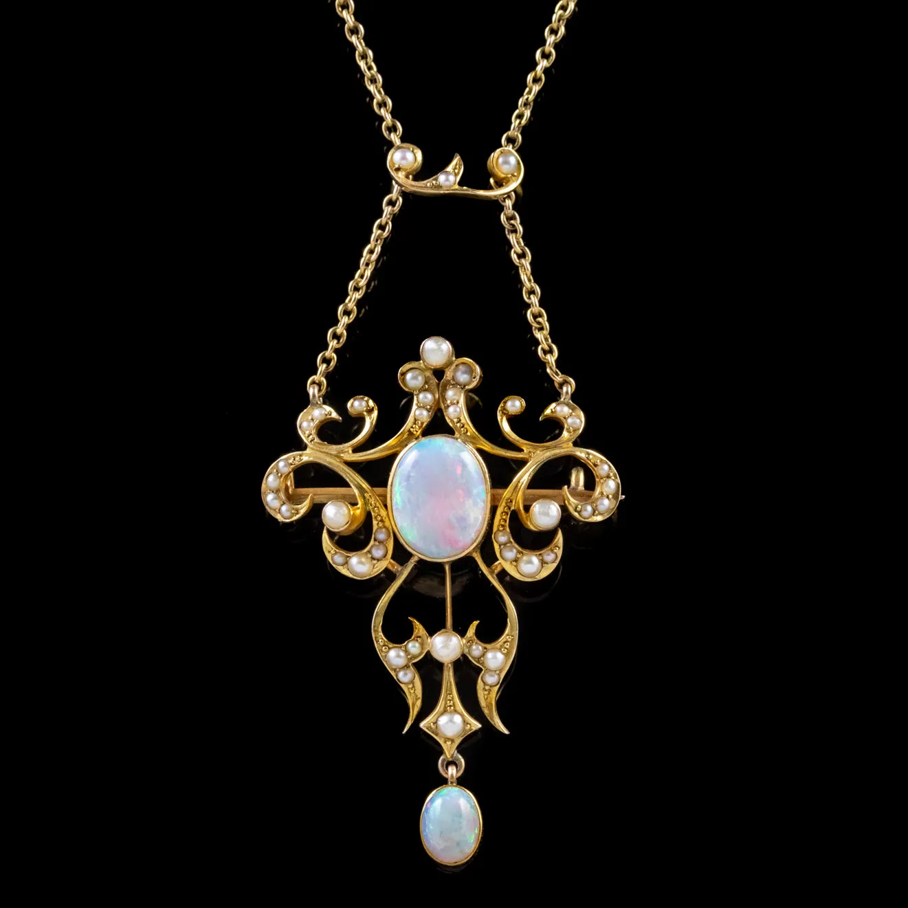 Antique Victorian Natural Opal Pendant Necklace 18Ct Gold Circa 1880