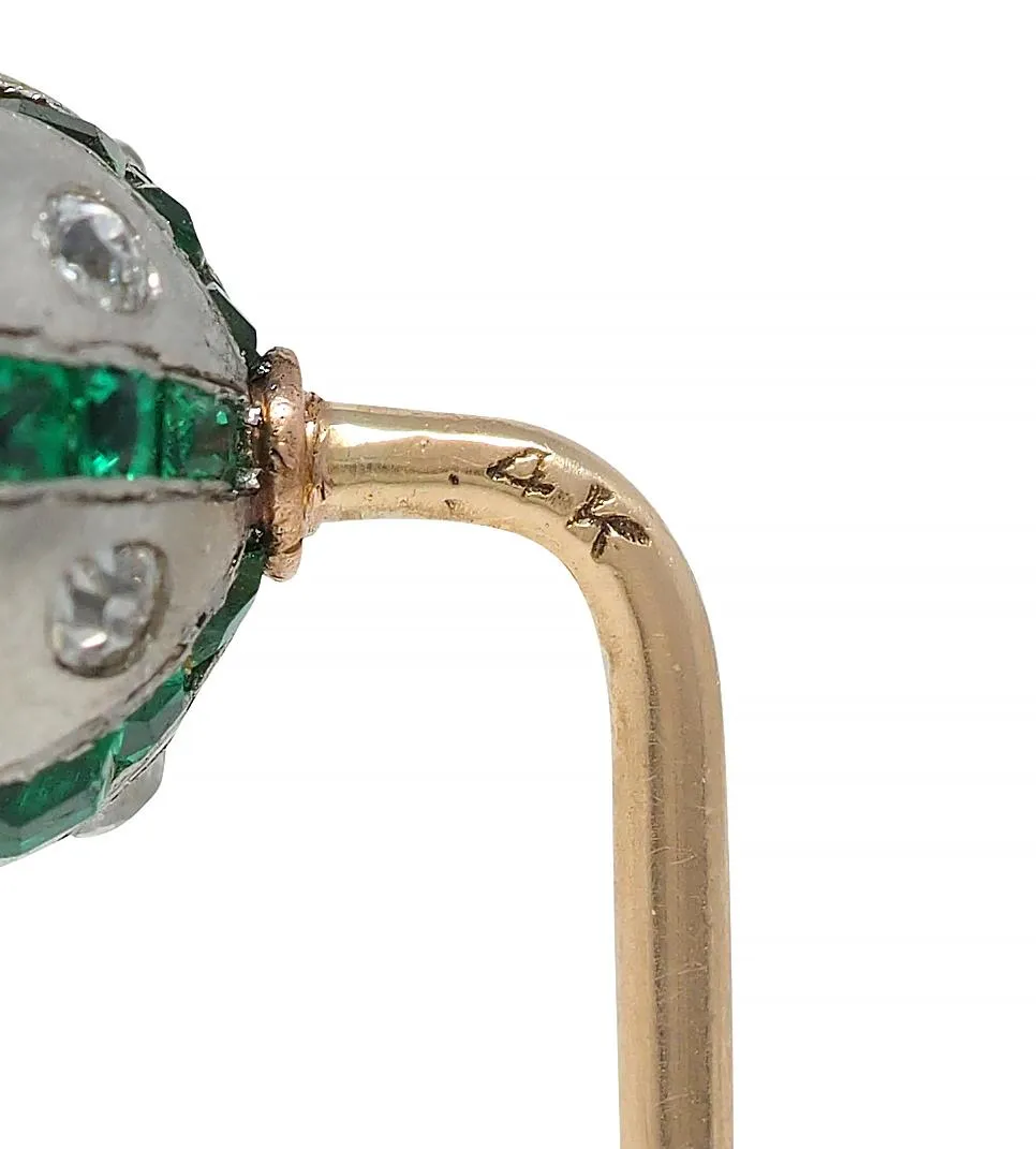 Art Deco 1.08 CTW Diamond Emerald Platinum 14K Gold Vintage Ball Stickpin