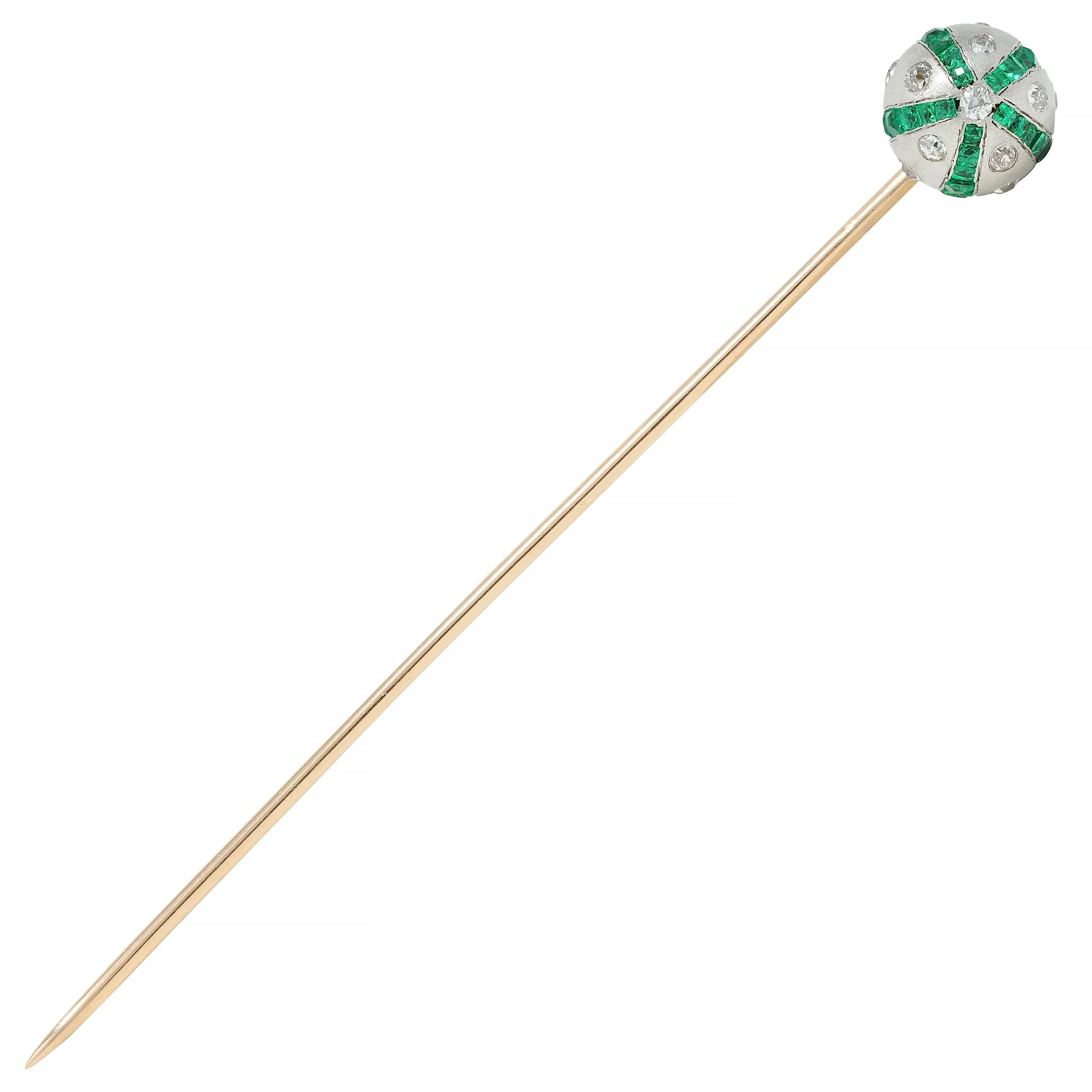 Art Deco 1.08 CTW Diamond Emerald Platinum 14K Gold Vintage Ball Stickpin