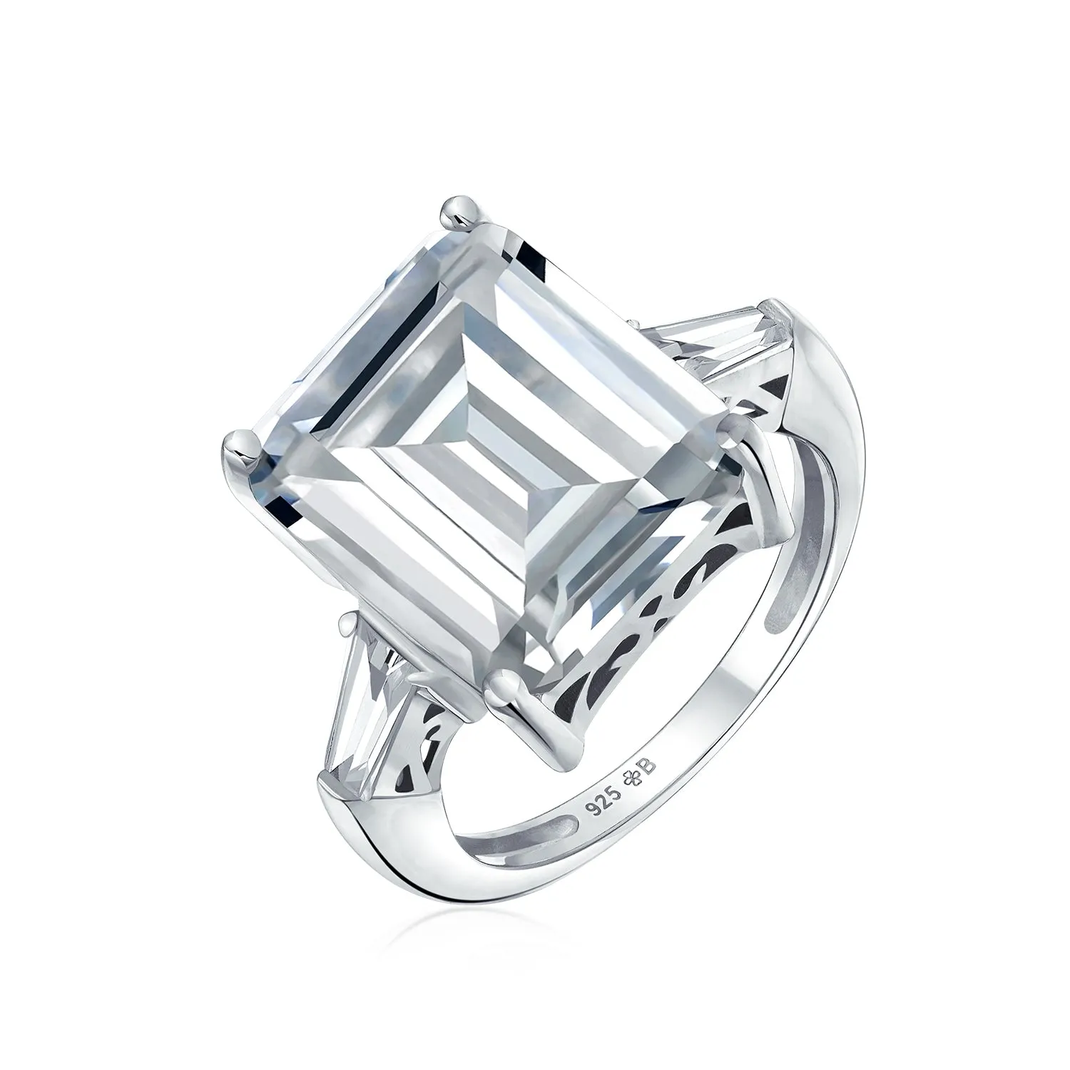 Art Deco 7CT Emerald Cut Engagement Ring with Baguette Side Stones in Silver