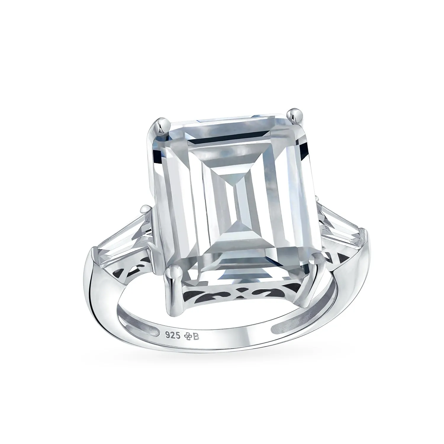 Art Deco 7CT Emerald Cut Engagement Ring with Baguette Side Stones in Silver