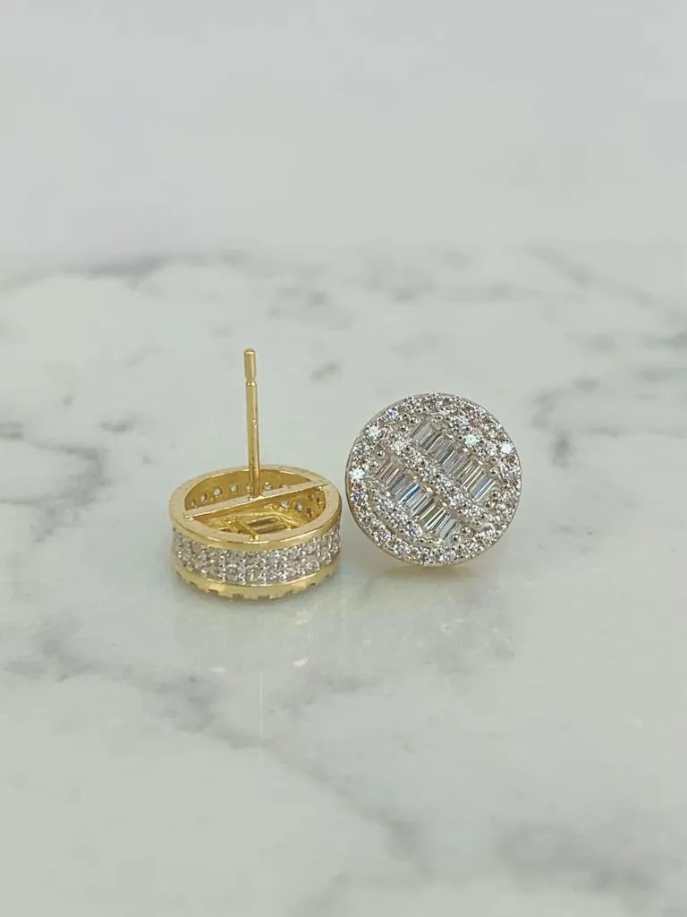 Baguette Round CZ Stones Earrings ● 14K Gold Real Earrings ● Baguette Stud Earrings 10x10mm ● Mens Womens Earrings