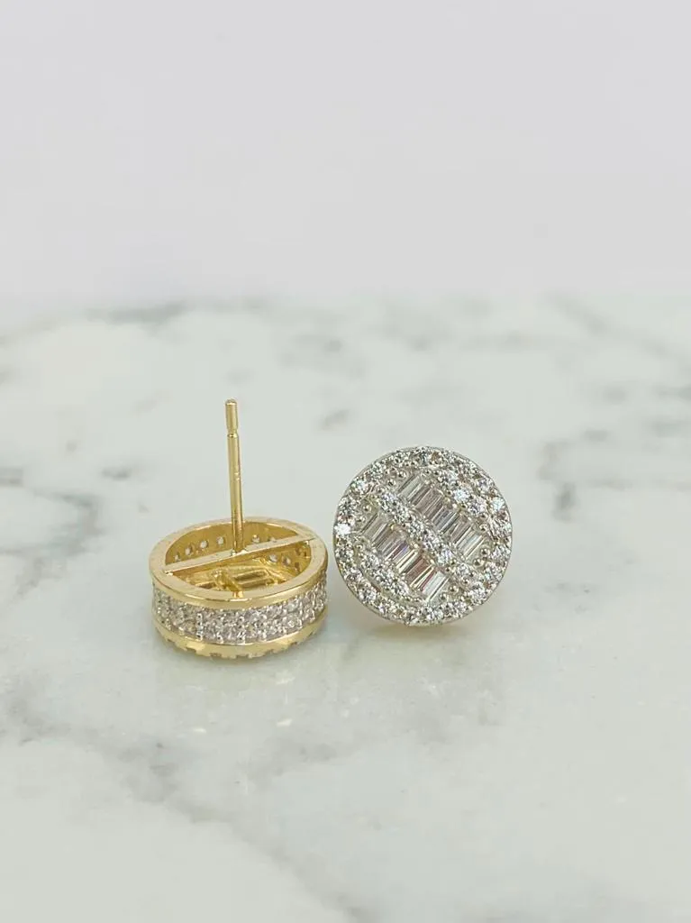 Baguette Round CZ Stones Earrings ● 14K Gold Real Earrings ● Baguette Stud Earrings 10x10mm ● Mens Womens Earrings