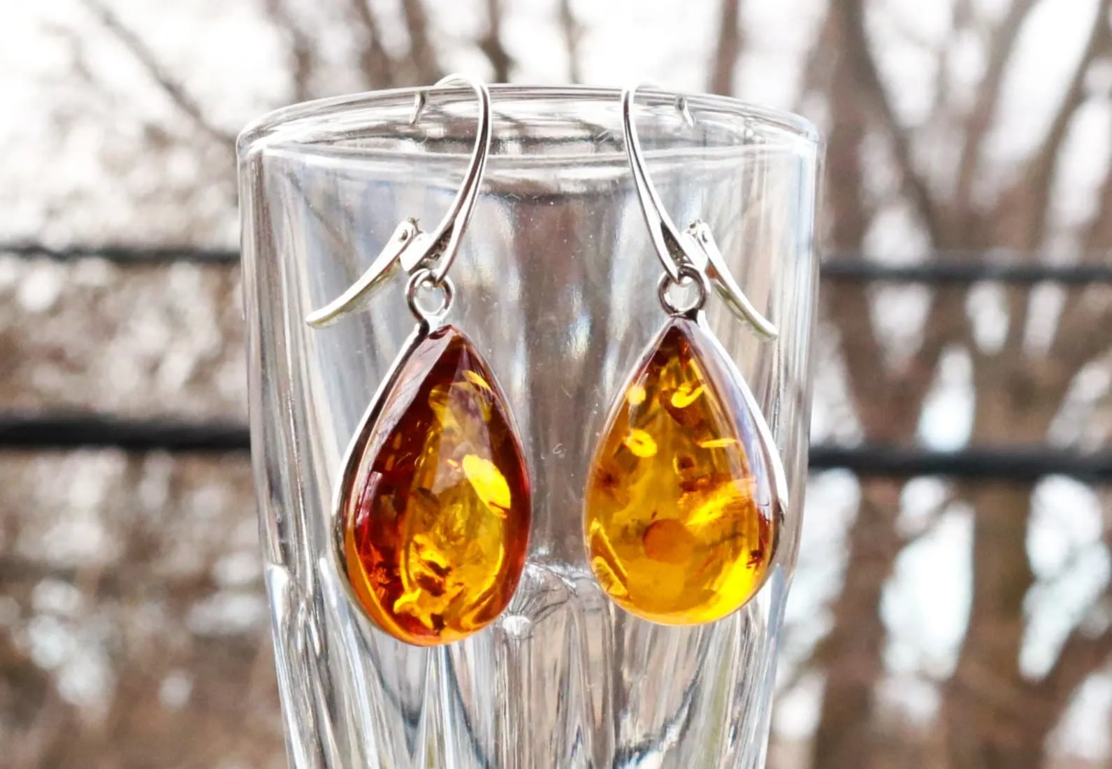 Baltic Amber Earrings Honey Drops Natural Dangling Jewelry 1.72" 7.1 gram 925 Silver