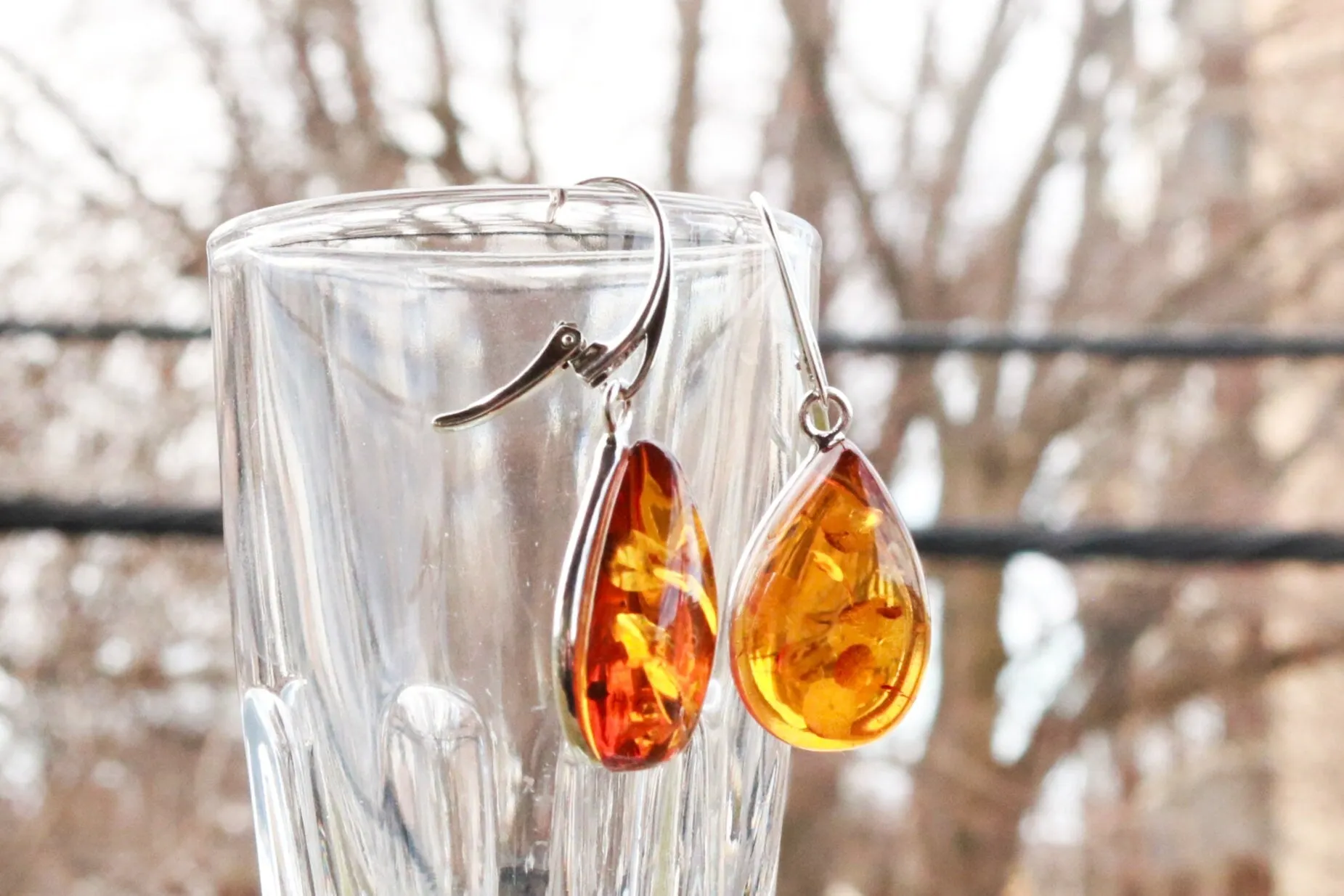 Baltic Amber Earrings Honey Drops Natural Dangling Jewelry 1.72" 7.1 gram 925 Silver