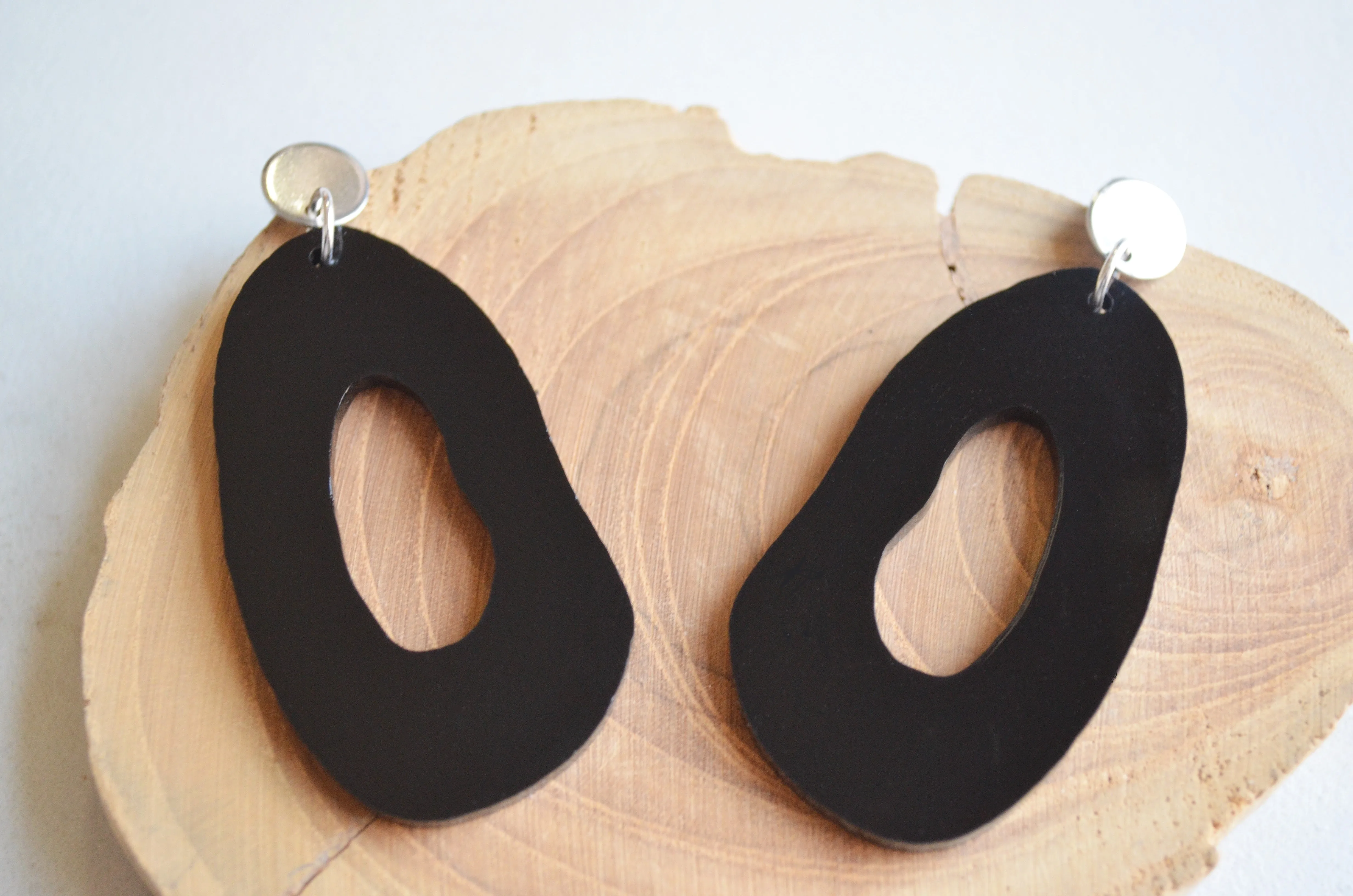 Black Lucite Acrylic Big Dangle Statement Earrings - Sylvia