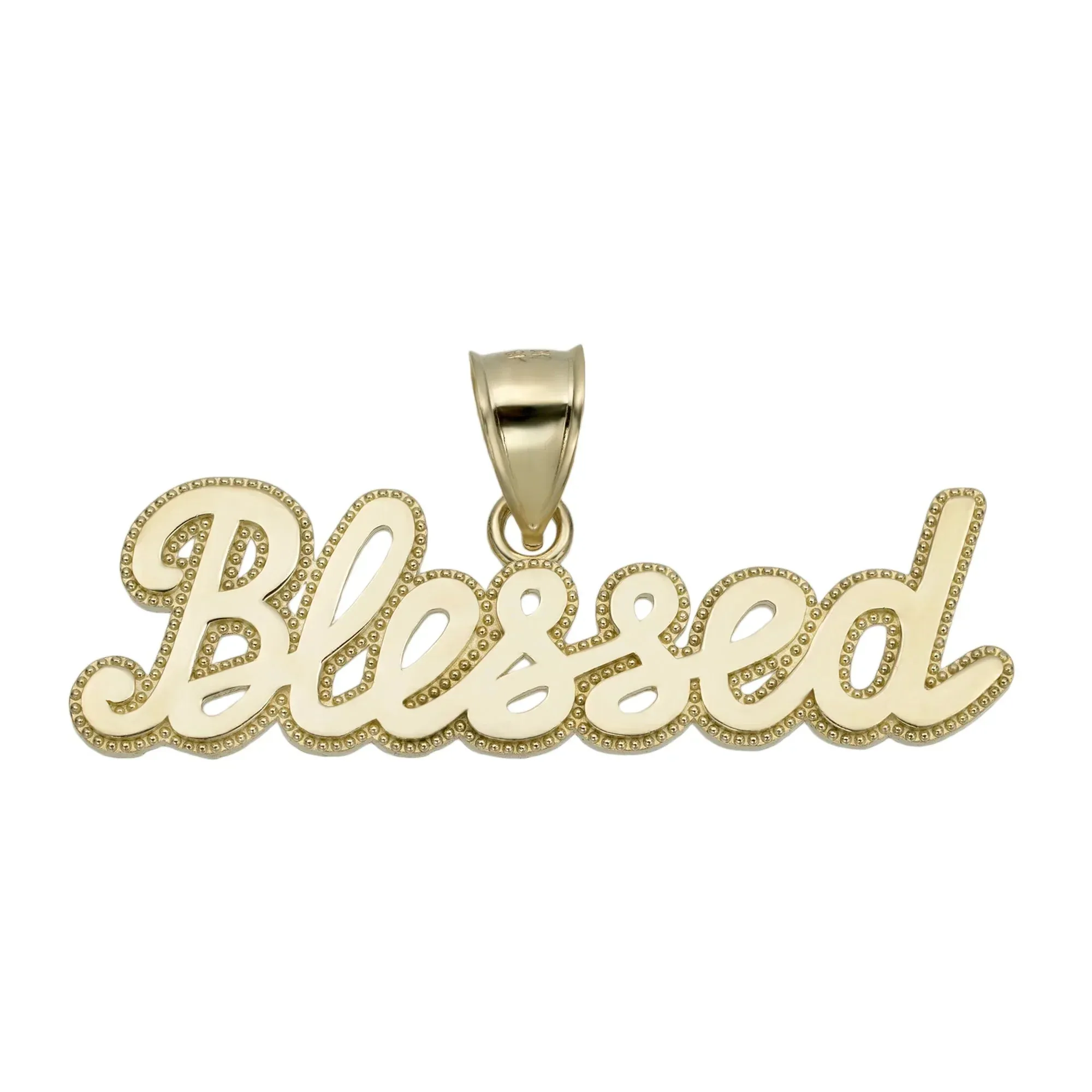 Blessed Script Bead Frame Pendant Solid 10K Yellow Gold