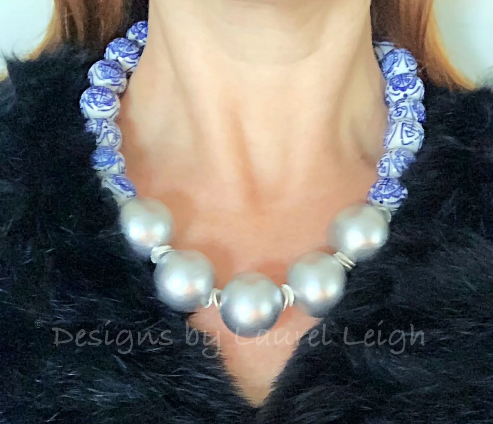 Blue & White Chinoiserie Silver Pearl Necklace