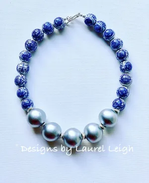 Blue & White Chinoiserie Silver Pearl Necklace