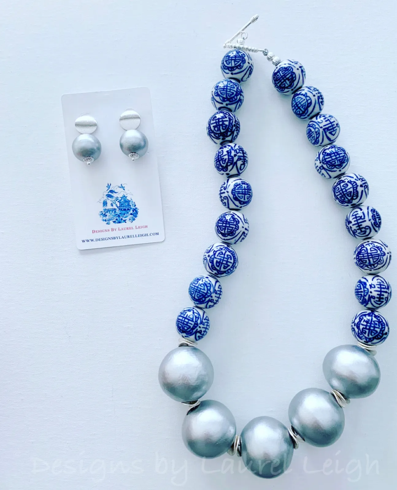 Blue & White Chinoiserie Silver Pearl Necklace