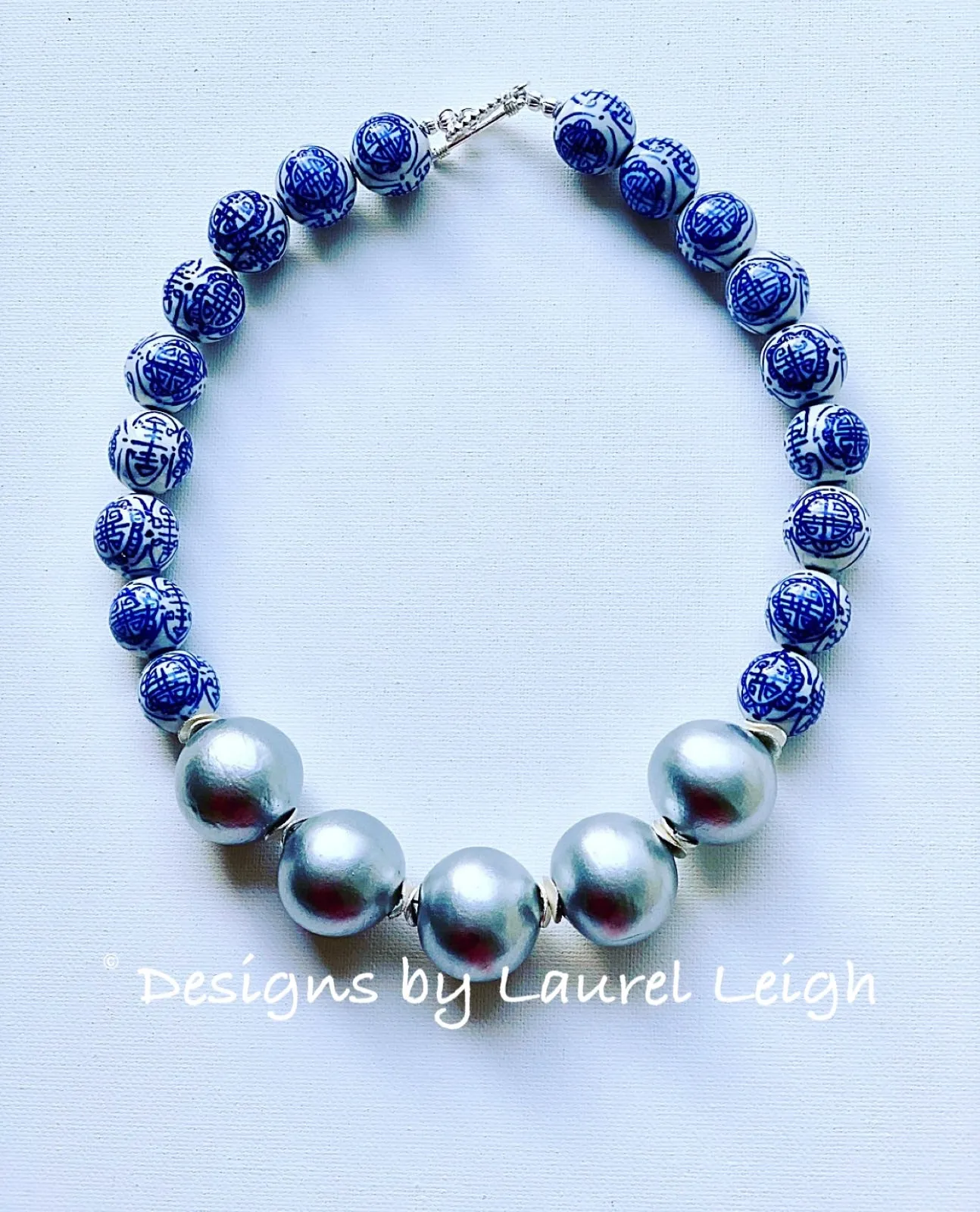 Blue & White Chinoiserie Silver Pearl Necklace