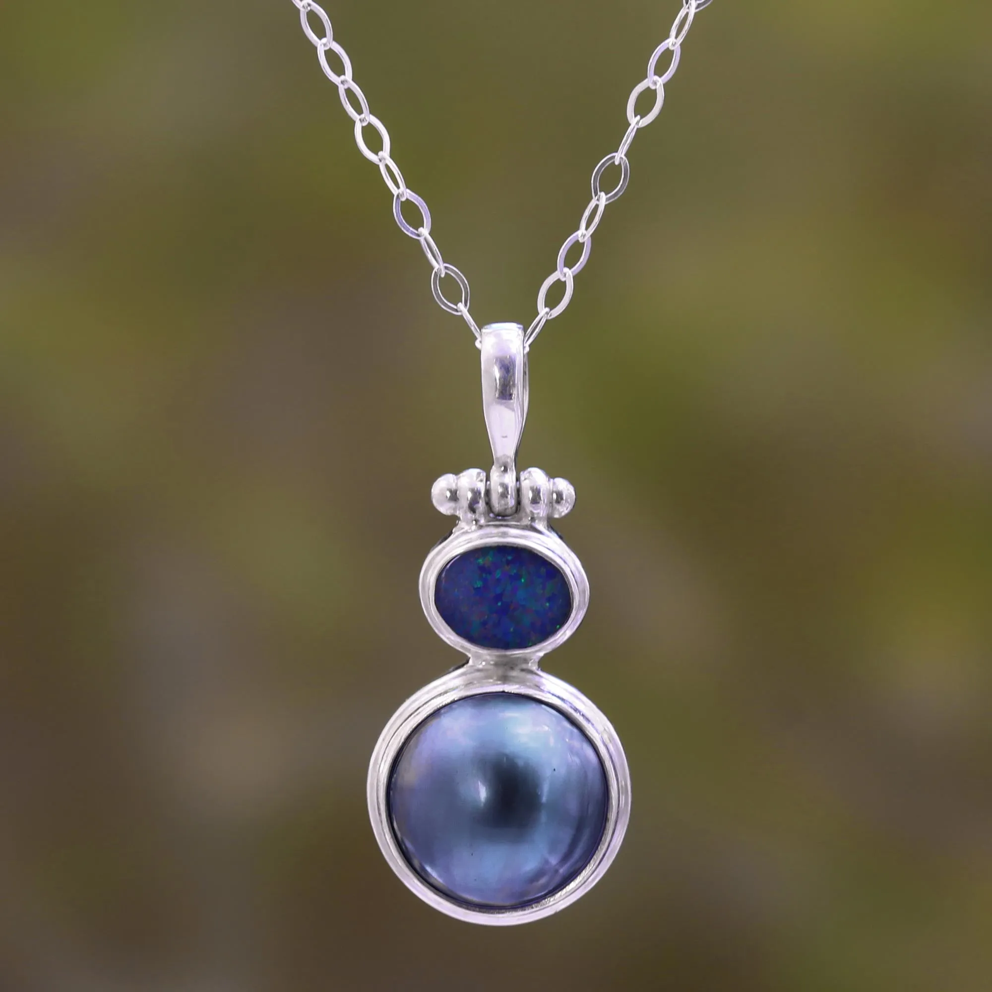 Blue Ocean Dream Modern Sterling Silver and Cultured Pearl Pendant