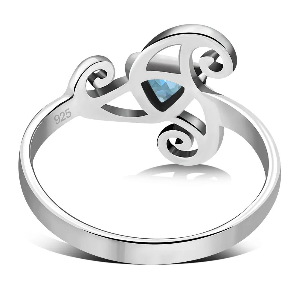 Blue Topaz CZ Triskele Triple Spiral Silver Ring