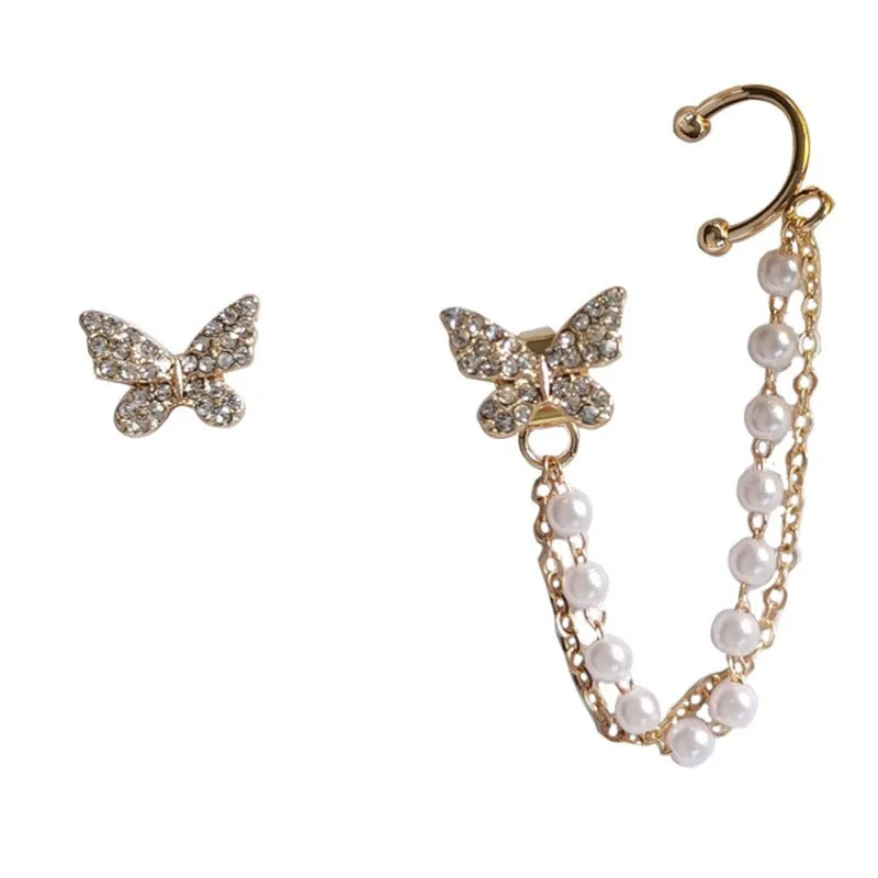 Butterfly Crystal Pearl Chain Cuff Earrings -jlt11625