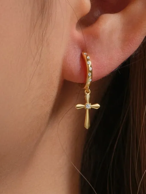 Cross Hoop Earrings 925 Sterling Silver 18K Gold Vermeil Dangley Cross Zircon Hypoallergenic Huggie Hoop Earrings