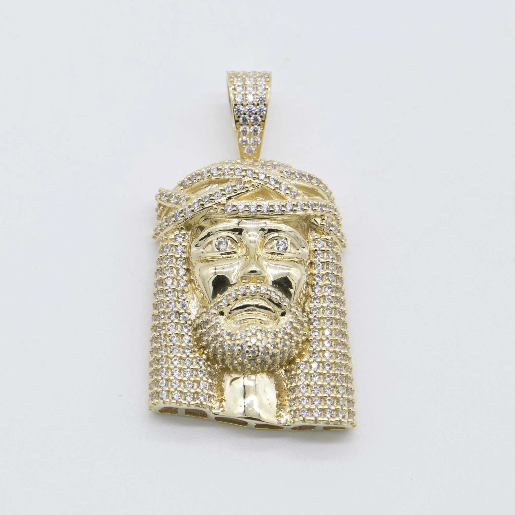 CZ Face of Jesus Pendant Solid 14K Yellow Gold