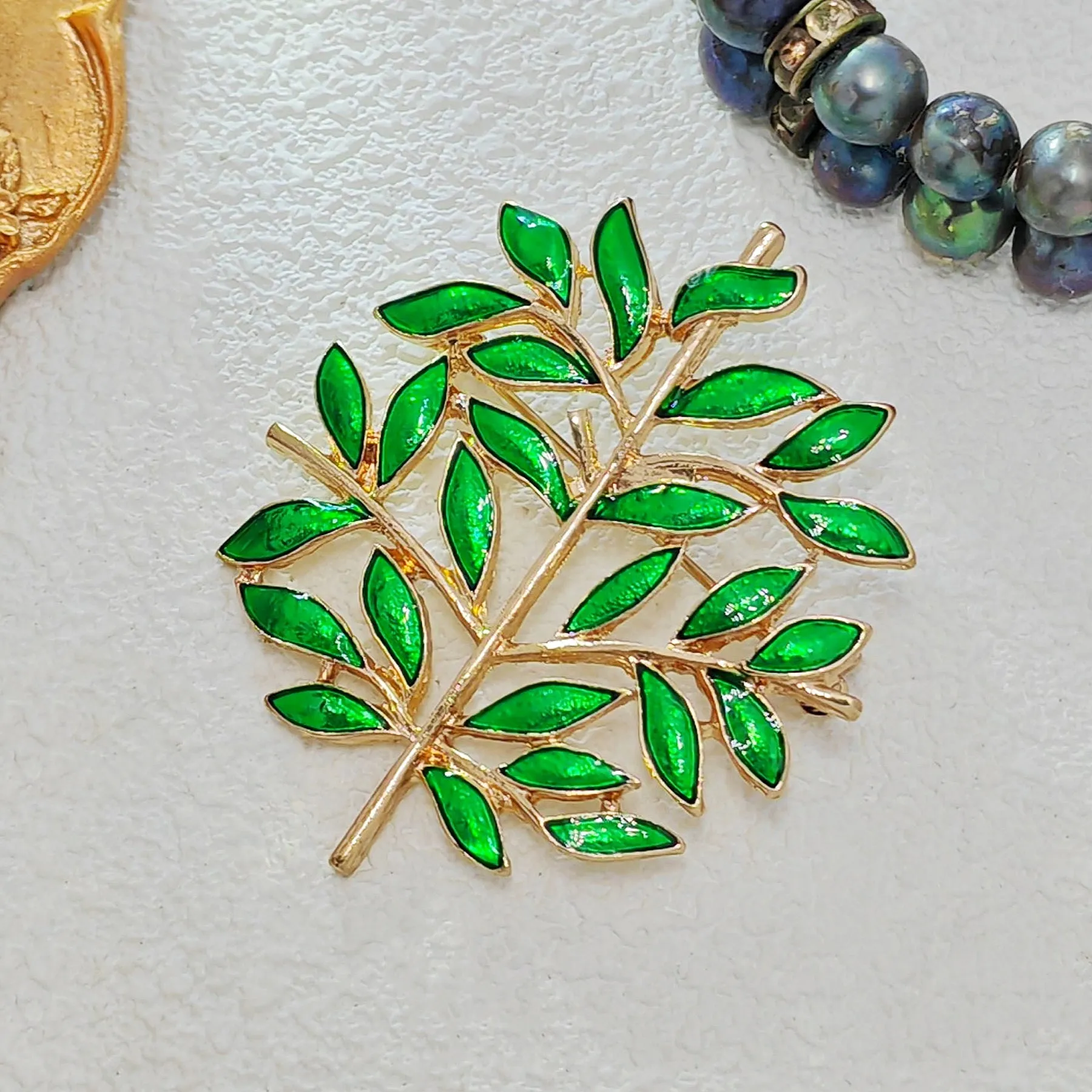 Elegant Golden Branch Green Enamel Leaves Tree Pins Brooches