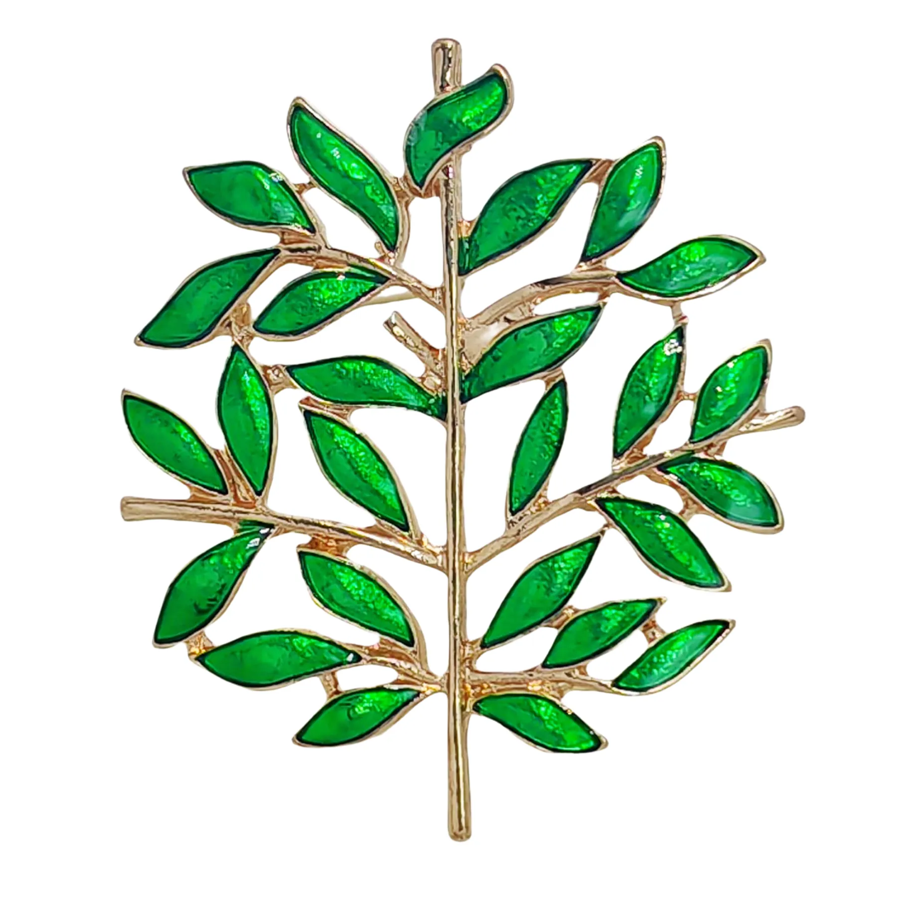 Elegant Golden Branch Green Enamel Leaves Tree Pins Brooches