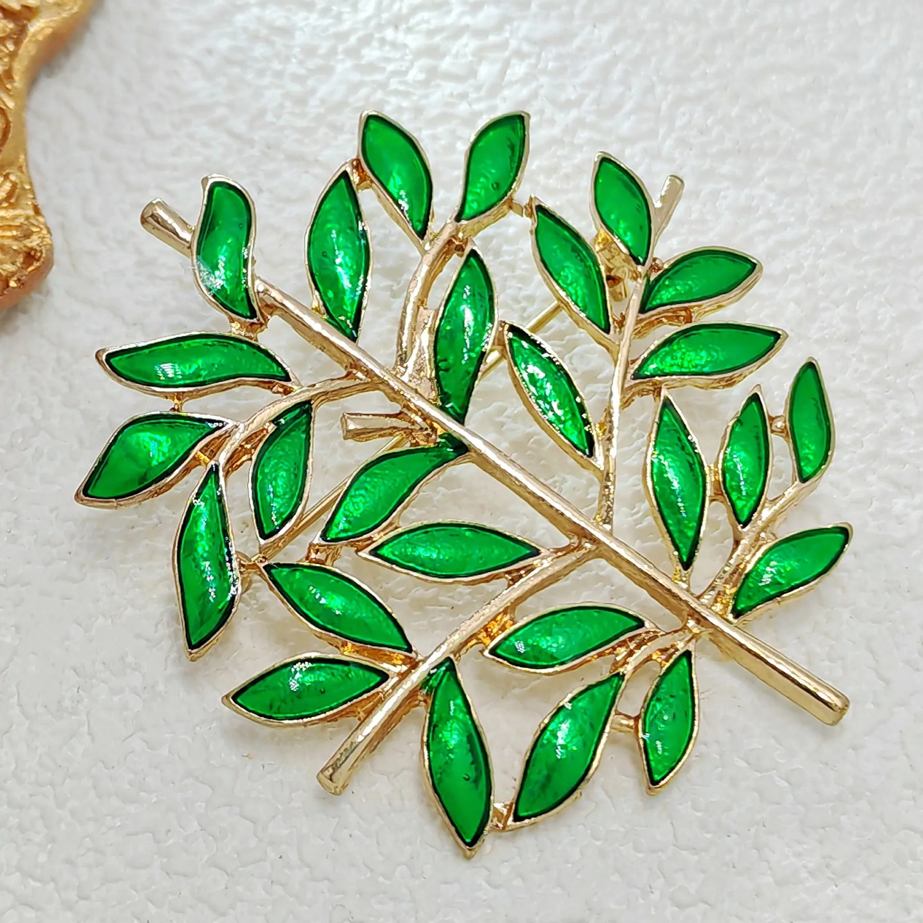 Elegant Golden Branch Green Enamel Leaves Tree Pins Brooches