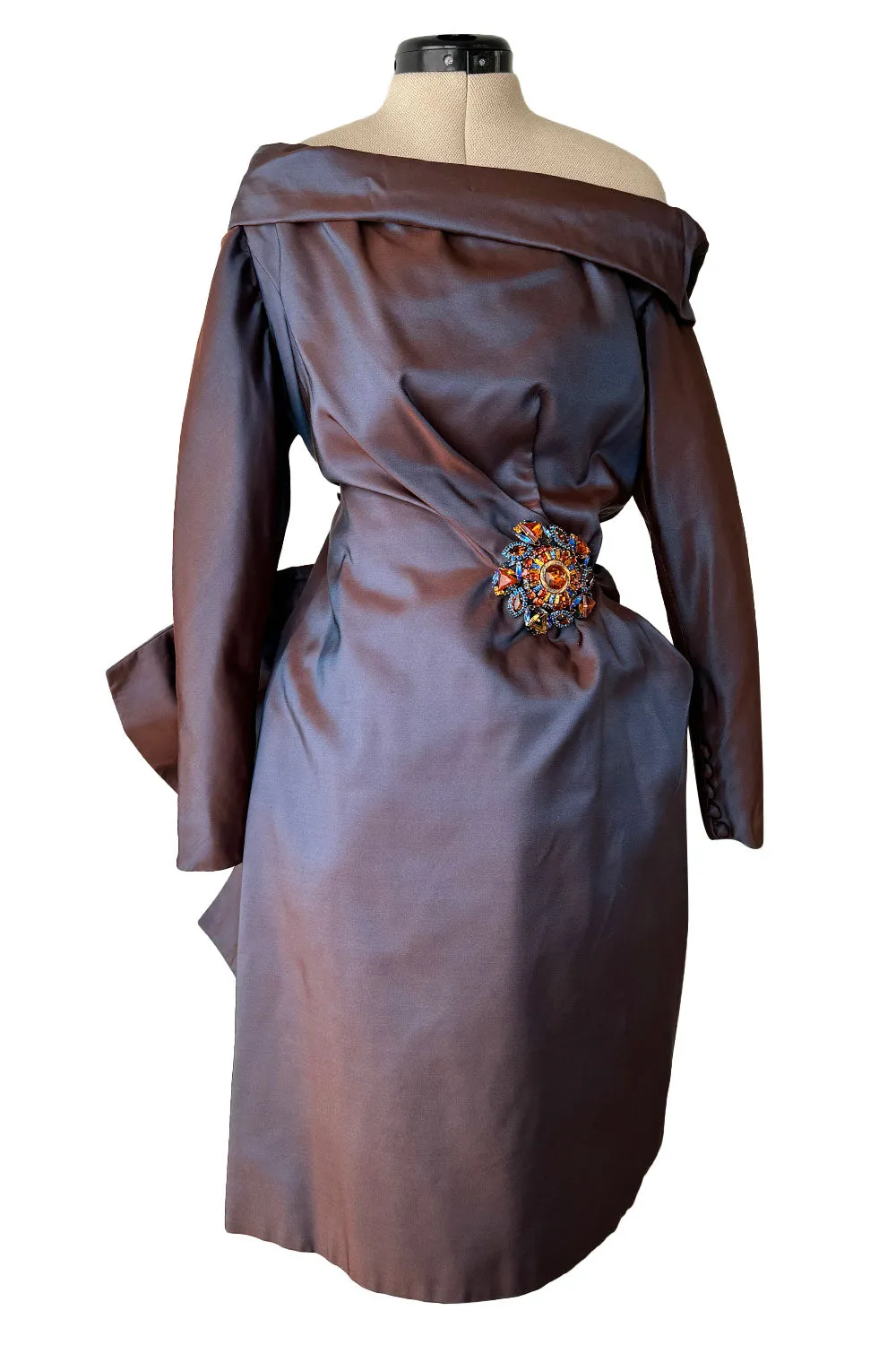 Fall 1990 Christian Lacroix Haute Couture Silk Runway Backless Dress w Original Jewel Brooches