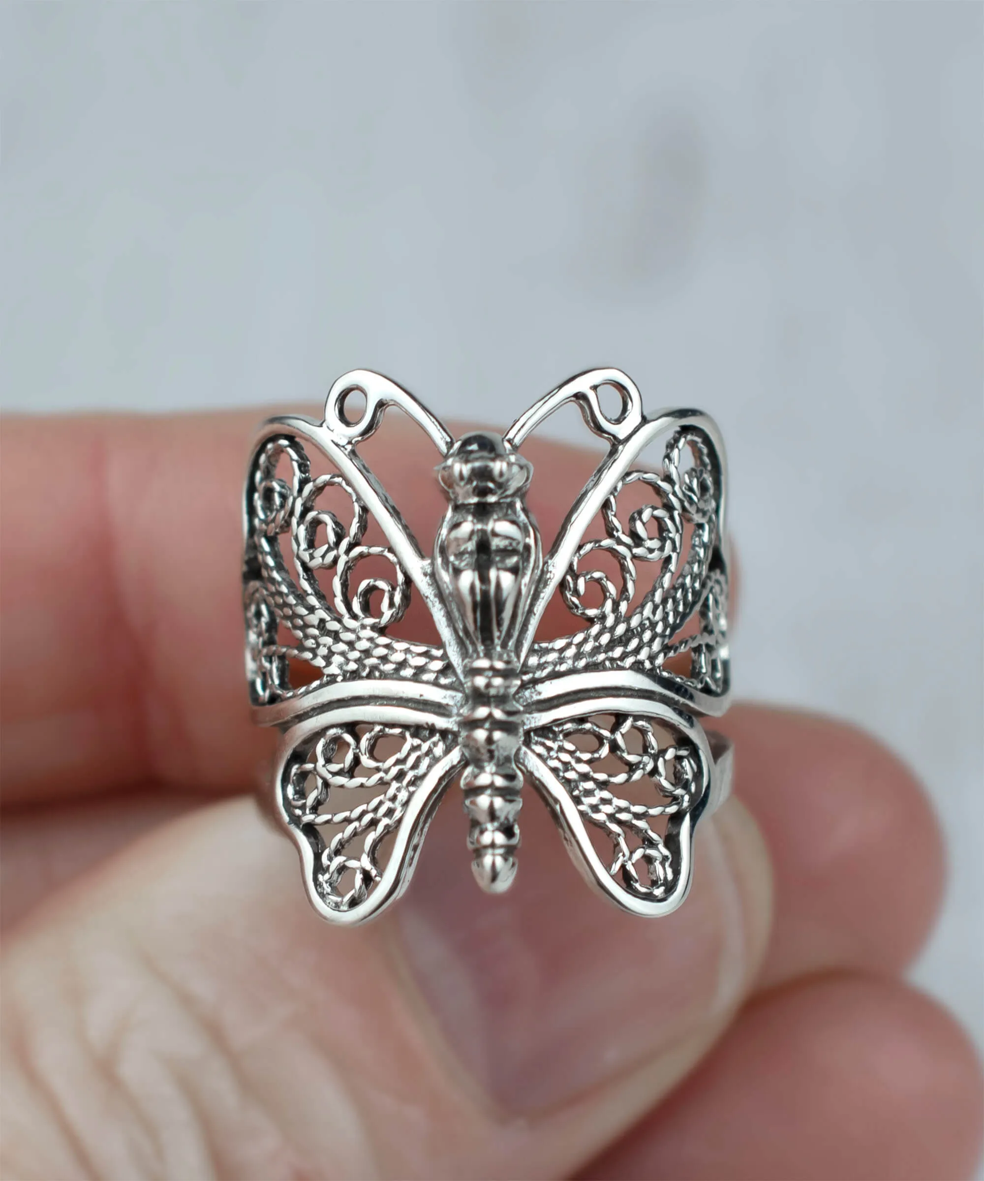 Filigree Art Butterfly Design Woman Silver Statement Ring