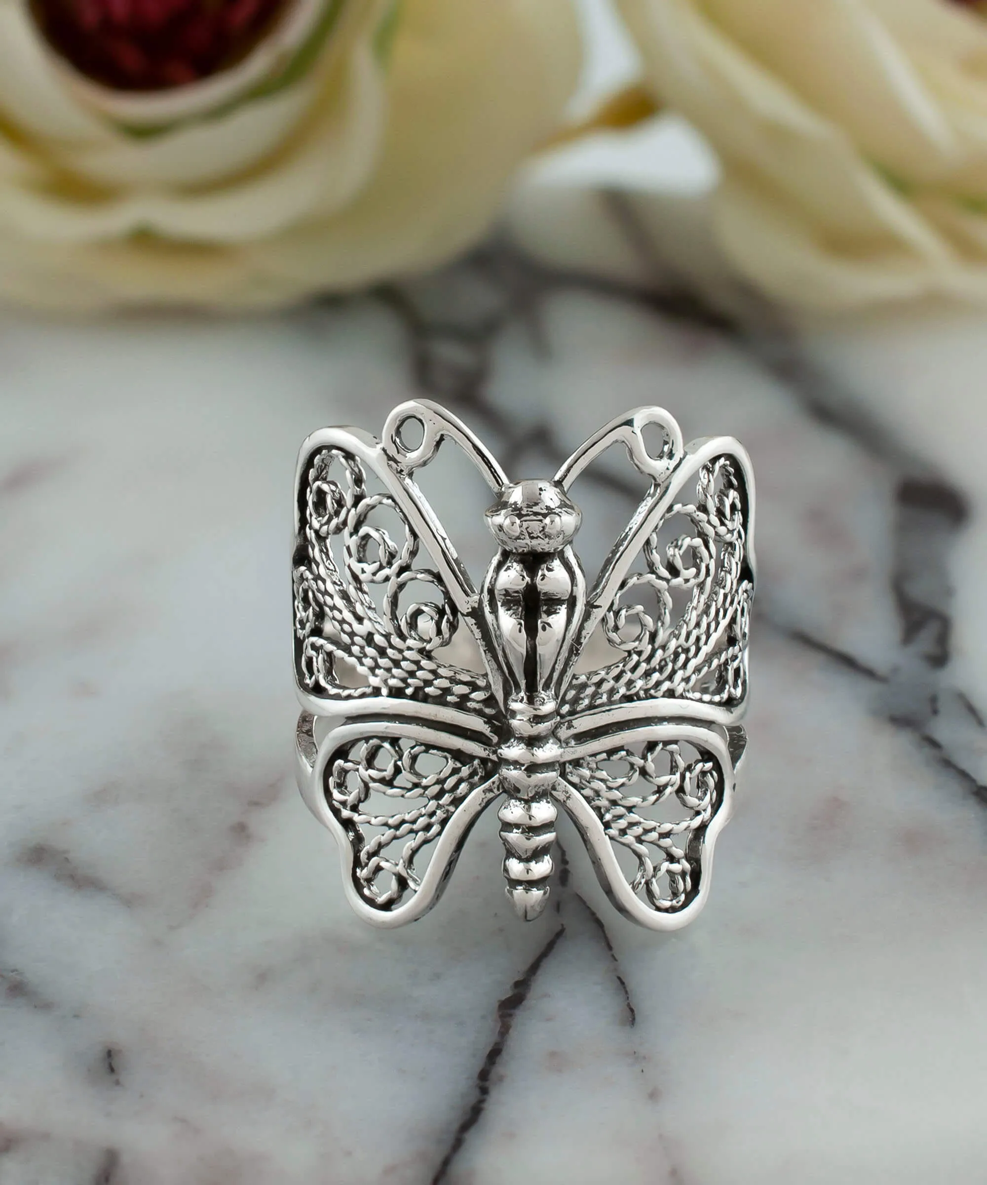 Filigree Art Butterfly Design Woman Silver Statement Ring