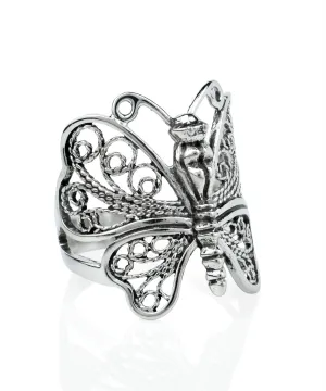 Filigree Art Butterfly Design Woman Silver Statement Ring