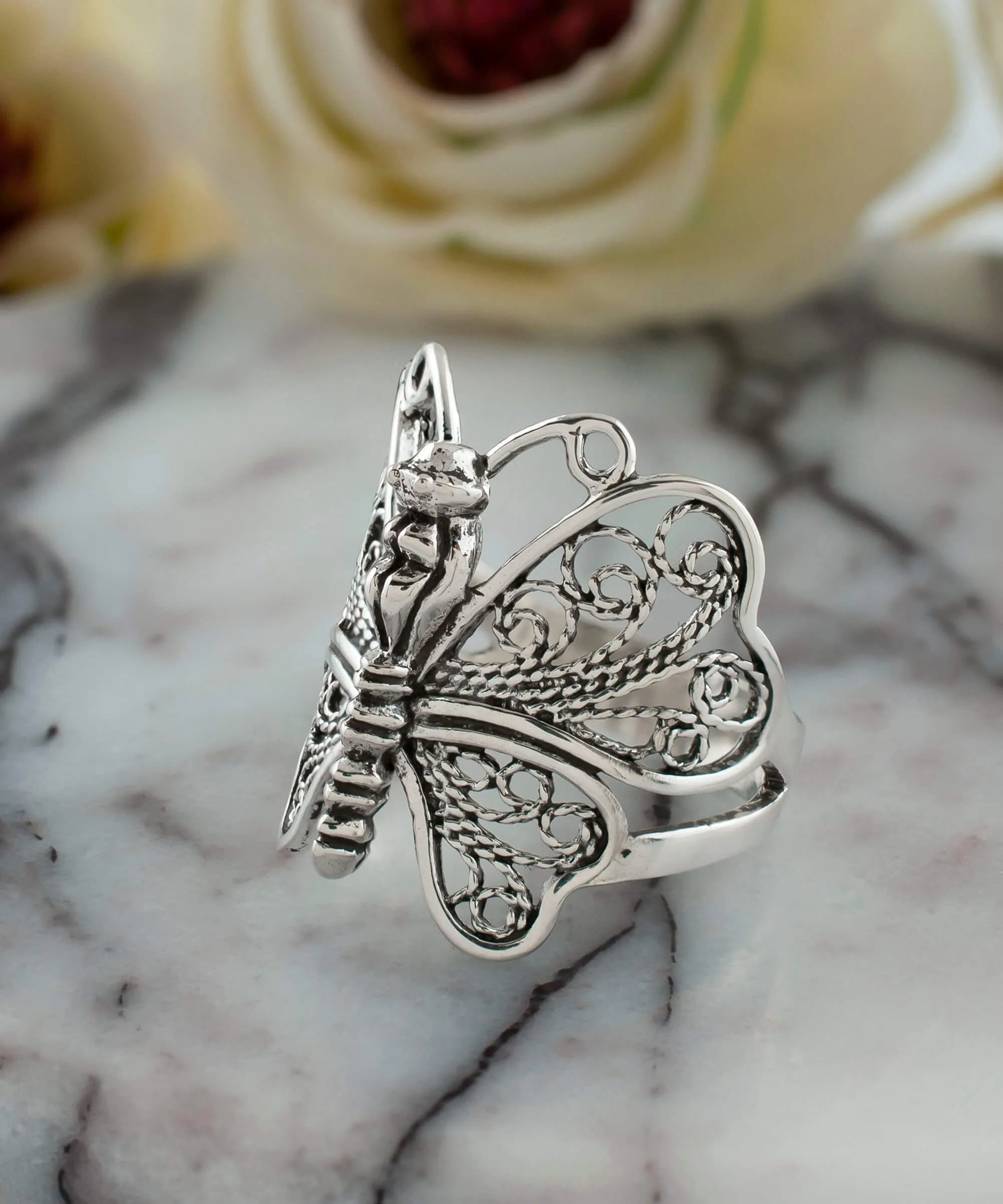 Filigree Art Butterfly Design Woman Silver Statement Ring