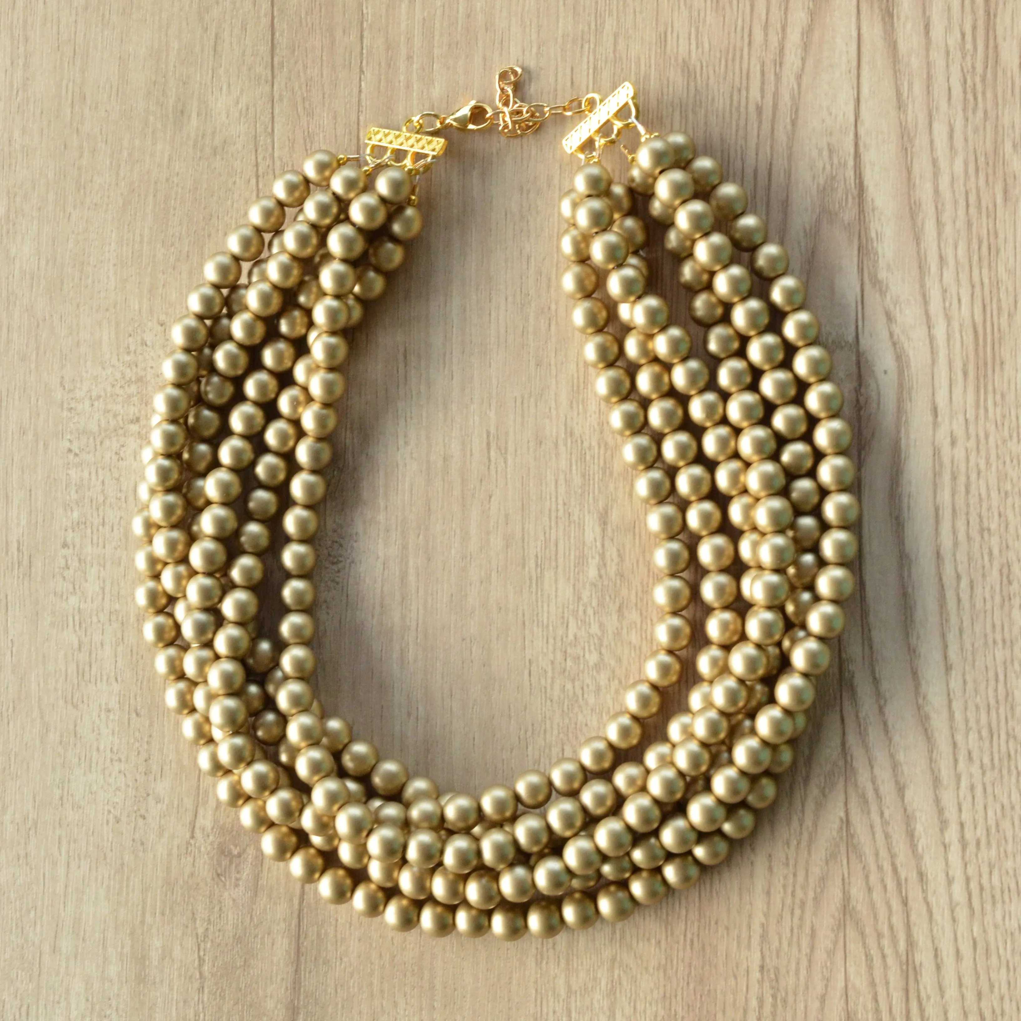 Gold Matte Small Beaded Acrylic Chunky Multi Strand Statement Necklace - Alana