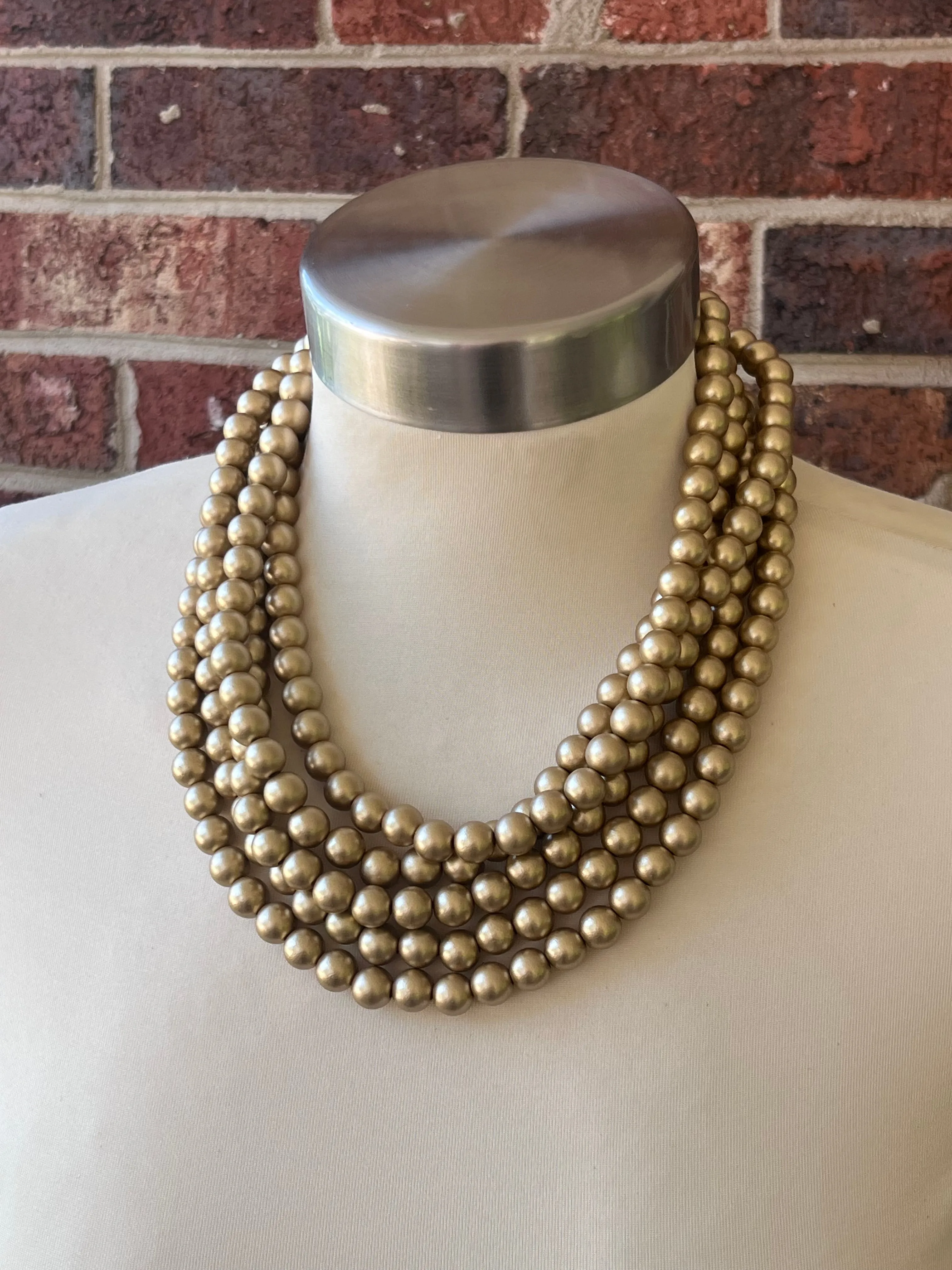 Gold Matte Small Beaded Acrylic Chunky Multi Strand Statement Necklace - Alana