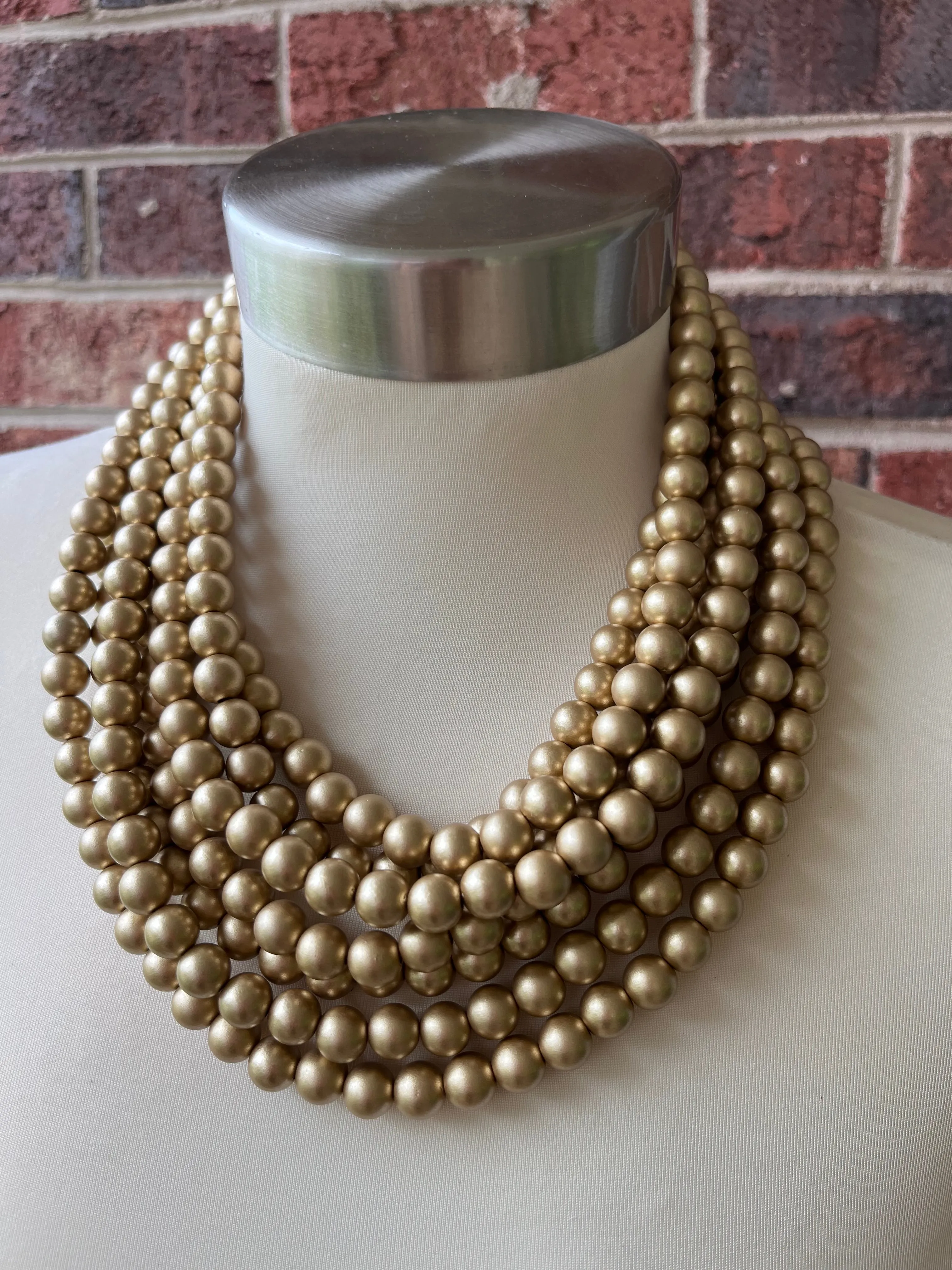 Gold Matte Small Beaded Acrylic Chunky Multi Strand Statement Necklace - Alana