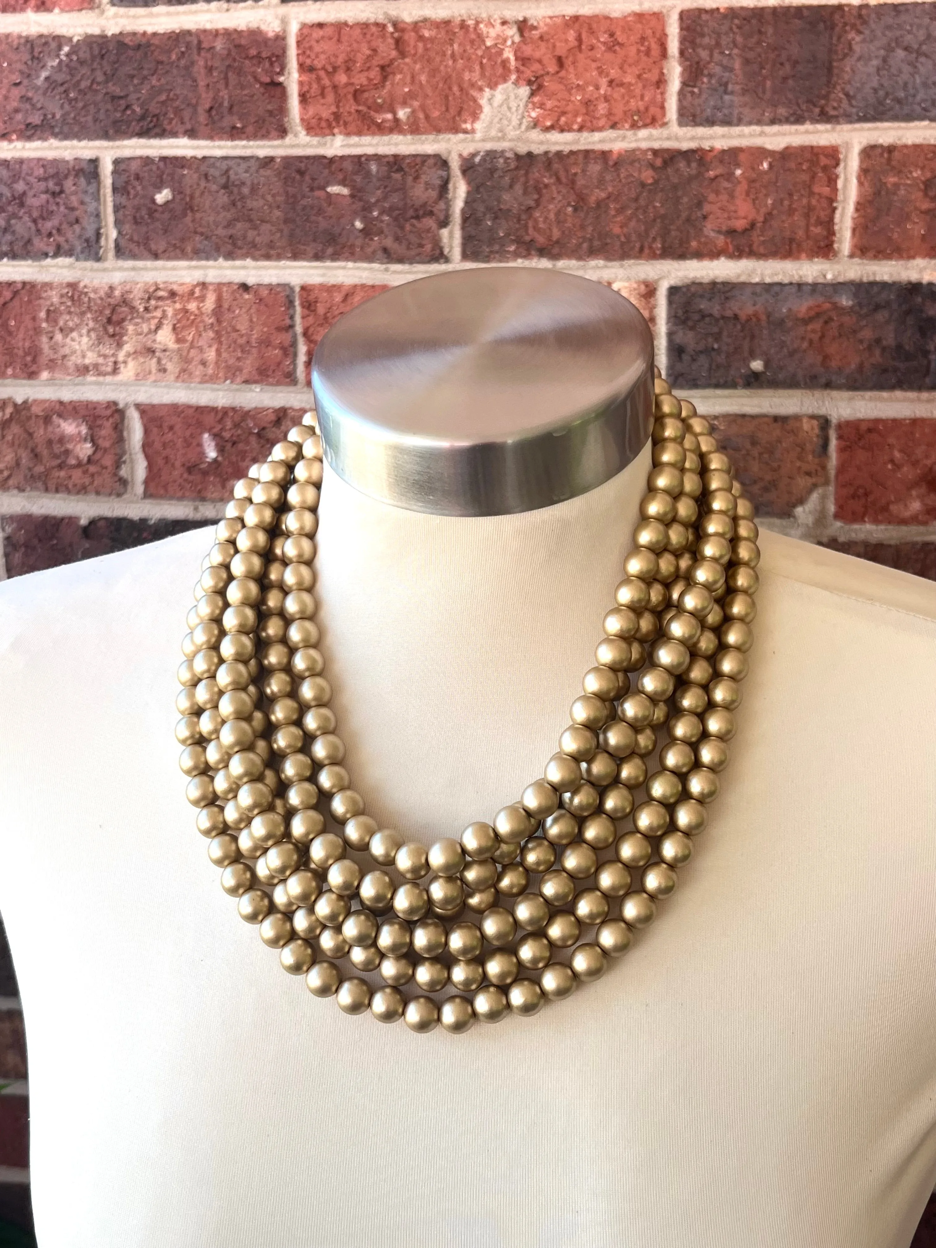 Gold Matte Small Beaded Acrylic Chunky Multi Strand Statement Necklace - Alana