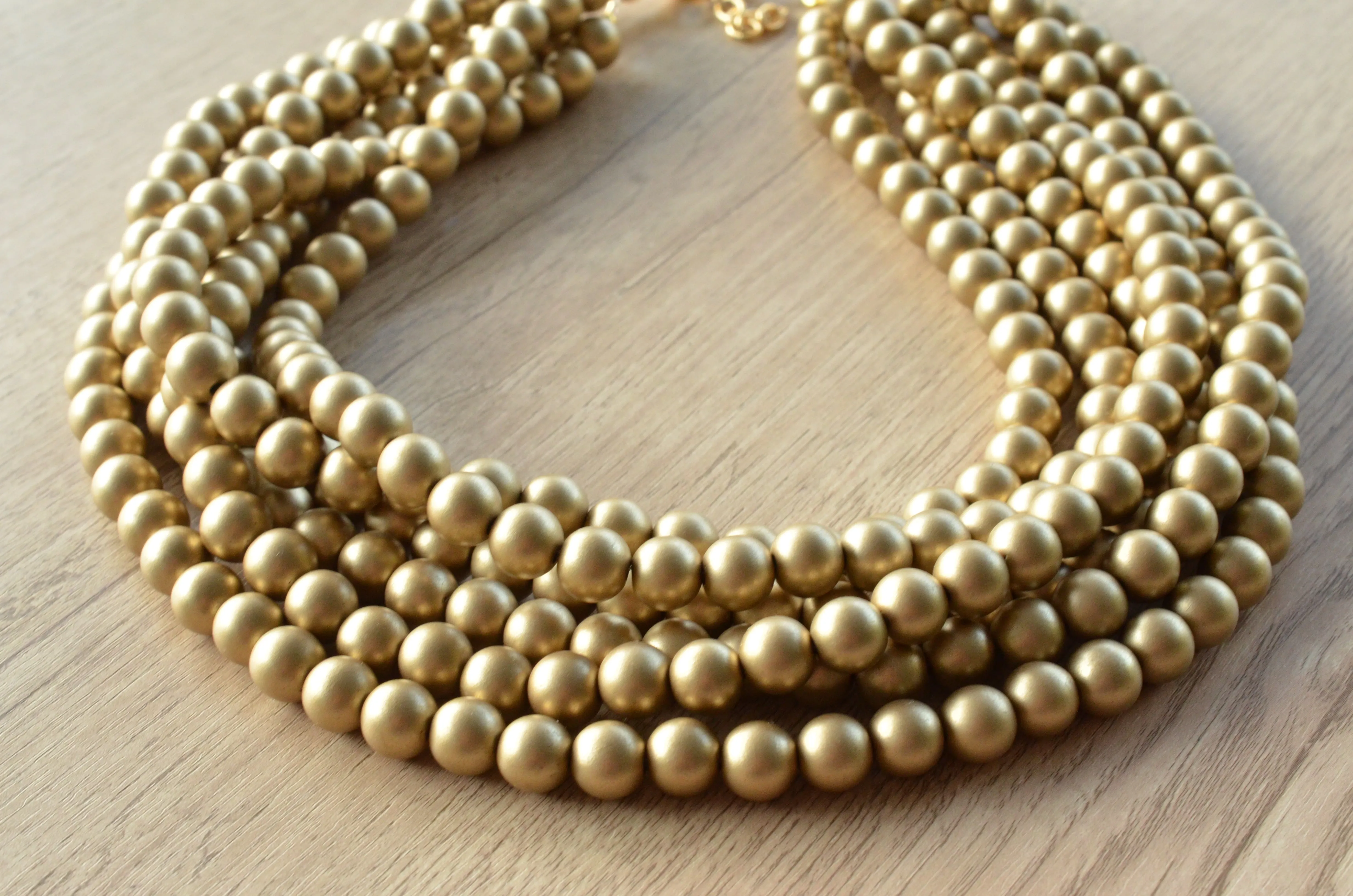 Gold Matte Small Beaded Acrylic Chunky Multi Strand Statement Necklace - Alana